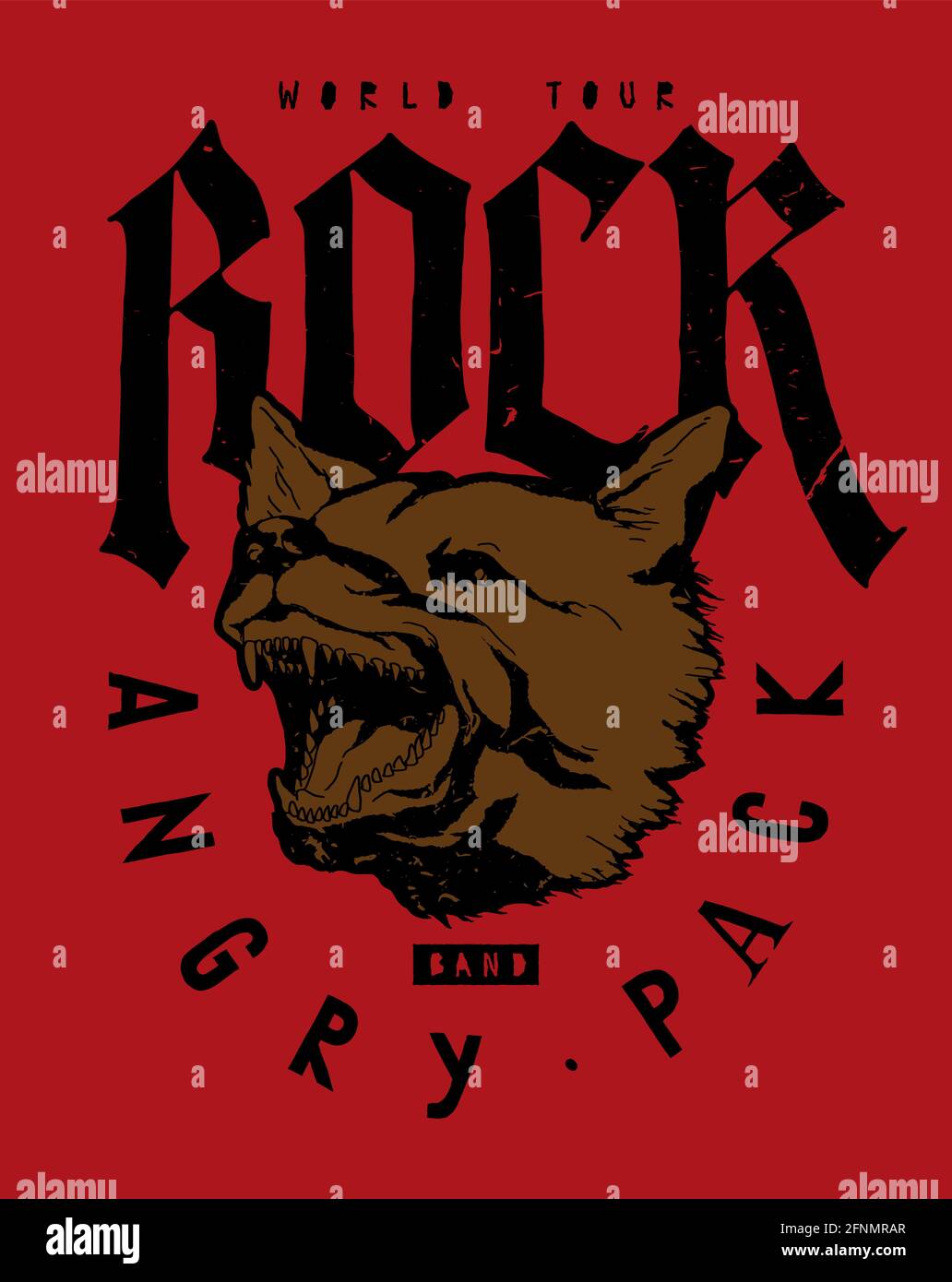 Visite du monde du groupe de musique rock. Tête de chien aboyant. Imprimé t-shirt typographique style gothique. Illustration de Vecteur