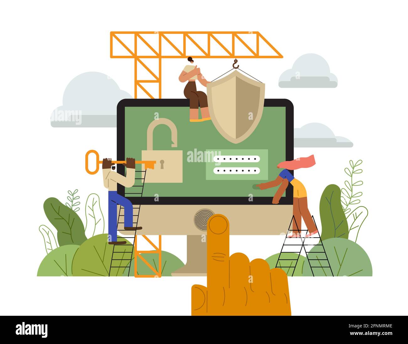 Illustration de la métaphore de la cyber-sécurité - de minuscules personnes mettent bouclier, verrou et mot de passe sur un ordinateur et de la grande main de vérification des empreintes digitales Illustration de Vecteur
