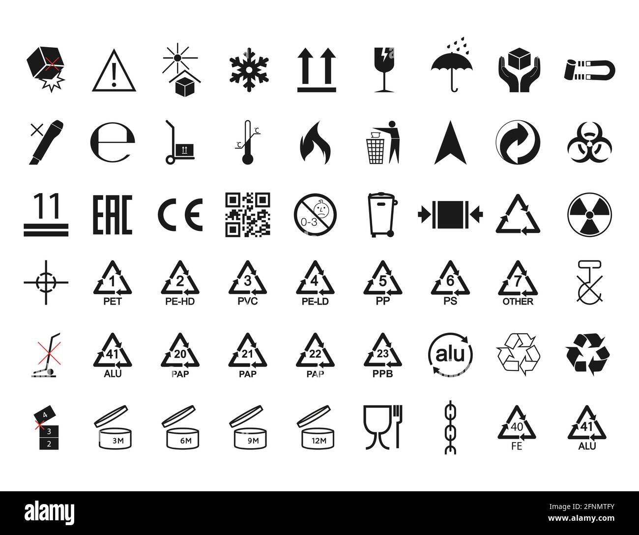 Jeu de symboles d'emballage à motif plat. Illustration de Vecteur