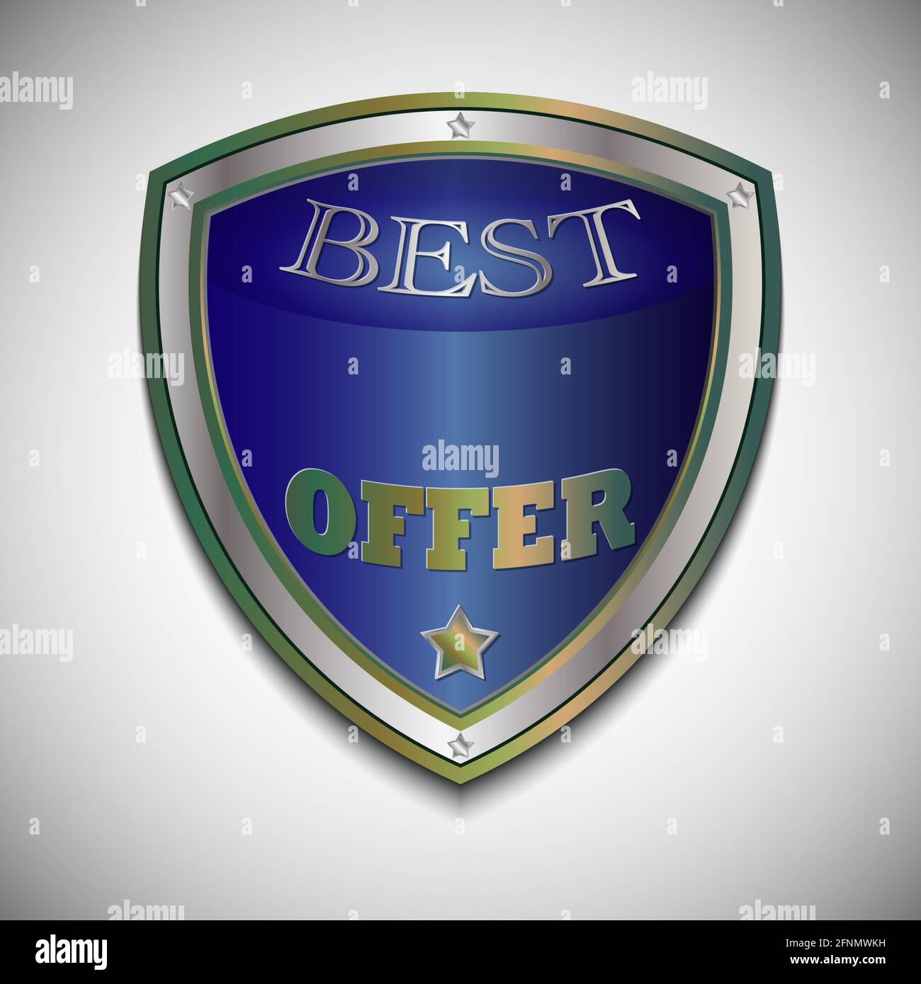 Écusson Vector Best Offer. Argent réaliste - cooper et étiquette bleue - badge, meilleure offre avec l'étoile. Icône réaliste isolée sur dégradé gris ba Illustration de Vecteur