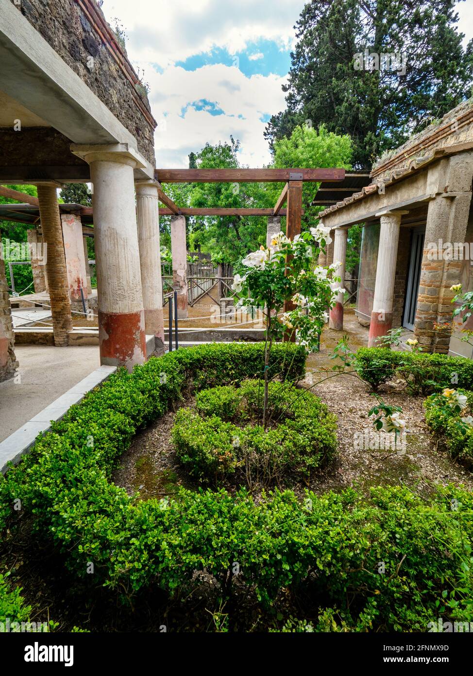 Petites colonnes de peristyle stuc et peint en rouge au-dessous et blanc au-dessus. Un mur bas sépare la colonnade du petit jardin central. Les murs du peristyle sont décorés dans le quatrième style avec des panneaux noirs séparés par des motifs architecturaux au-dessus d'une basse frise rouge - Maison d'Octavius Quartio - site archéologique de Pompéi, Italie Banque D'Images
