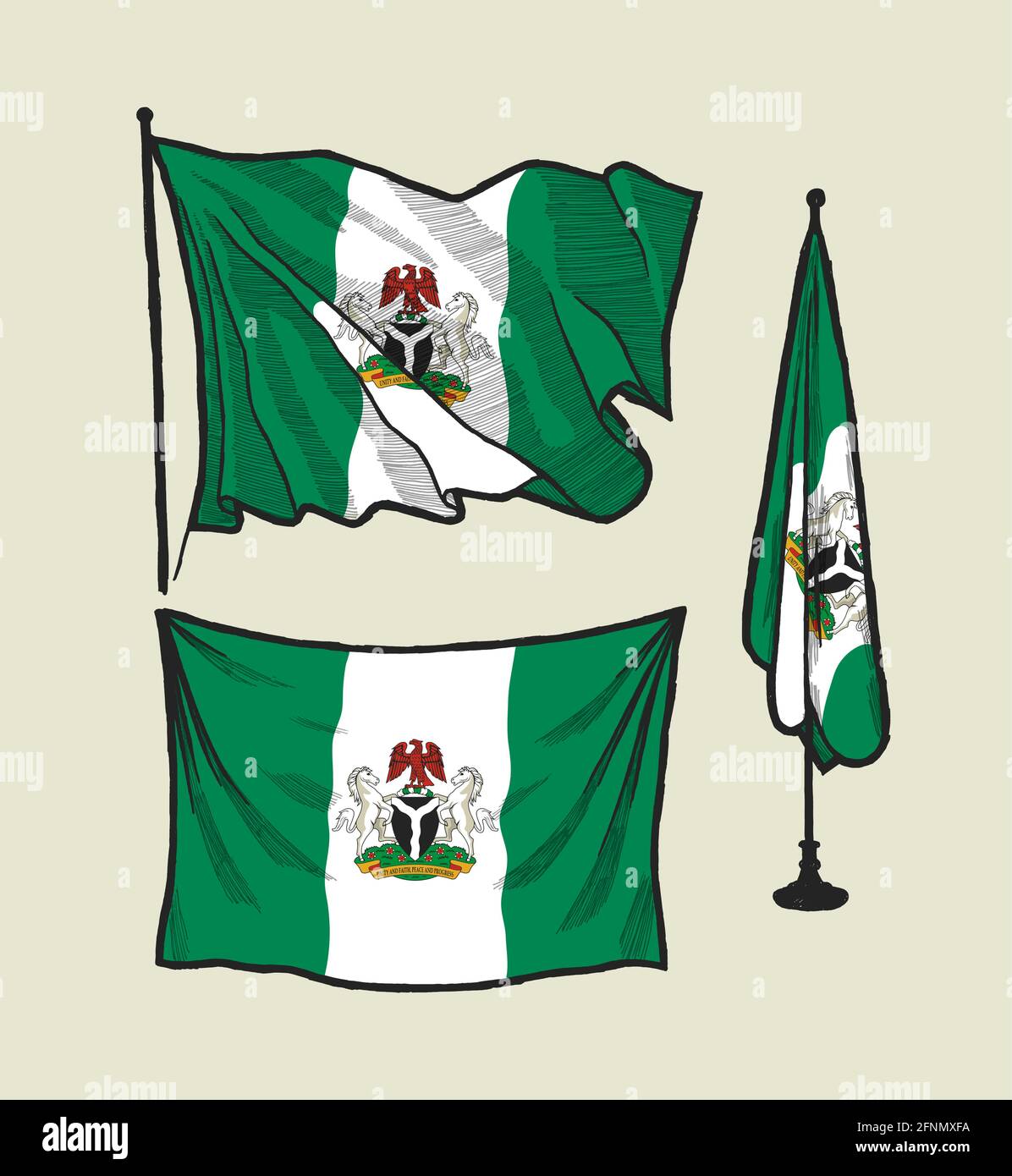 Drapeau du Nigeria sur le vent et sur le mur jeu d'illustrations dessinées à la main Illustration de Vecteur
