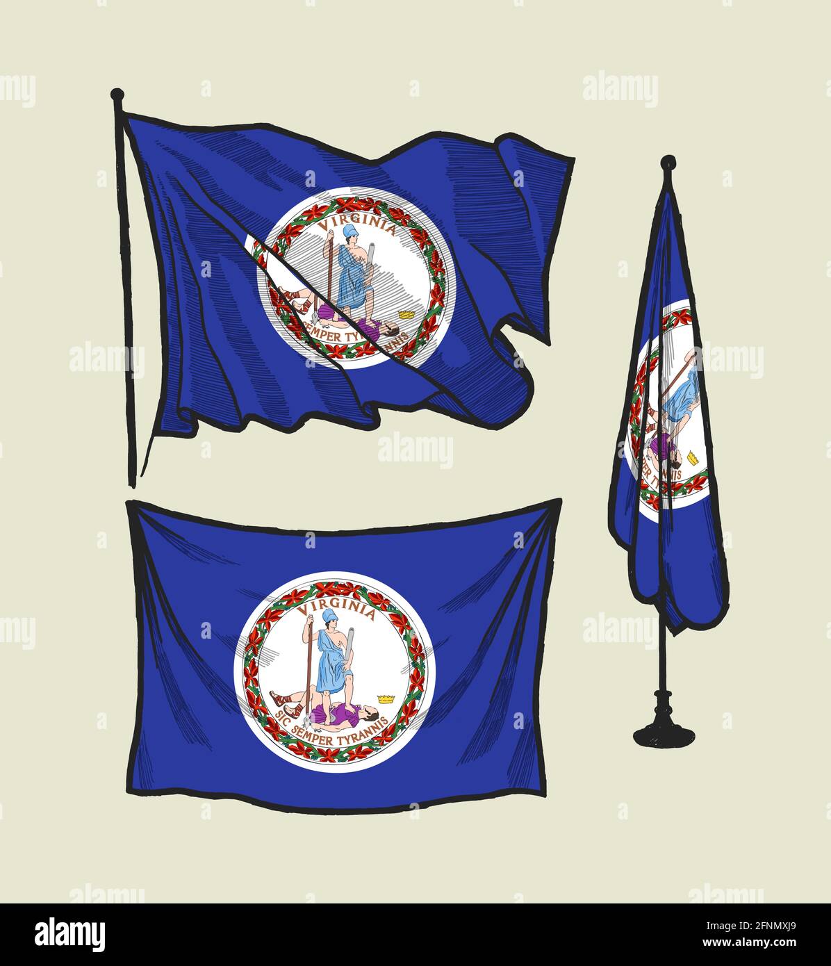 Drapeau de la Virginie sur le vent et sur le mur jeu d'illustrations vectorielles dessinées à la main Illustration de Vecteur