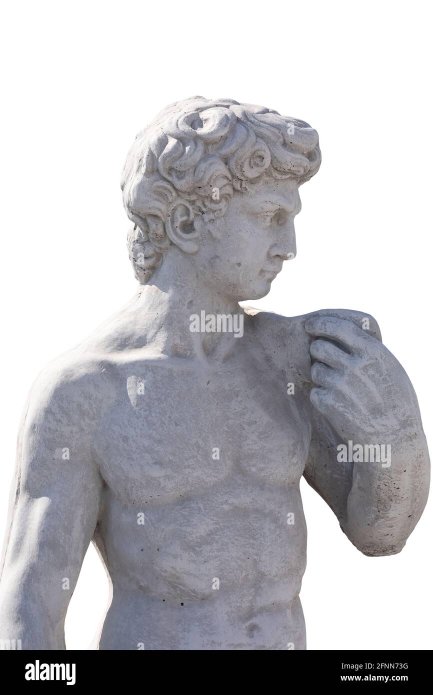 Sculpture en pierre de la partie supérieure de l'homme antique sur fond blanc Banque D'Images