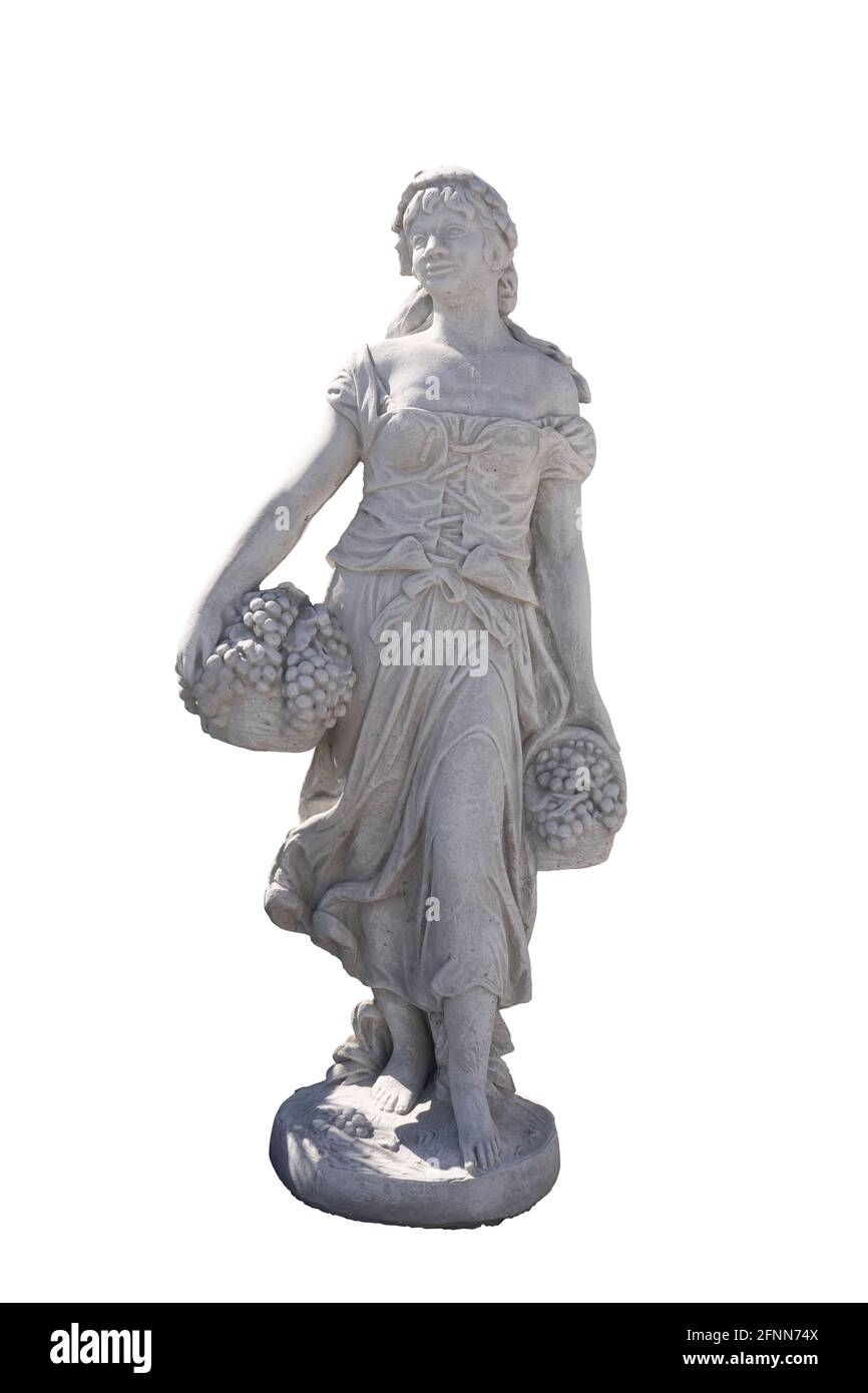 Sculpture en pierre de femme tenant des paniers avec des raisins sur blanc arrière-plan Banque D'Images