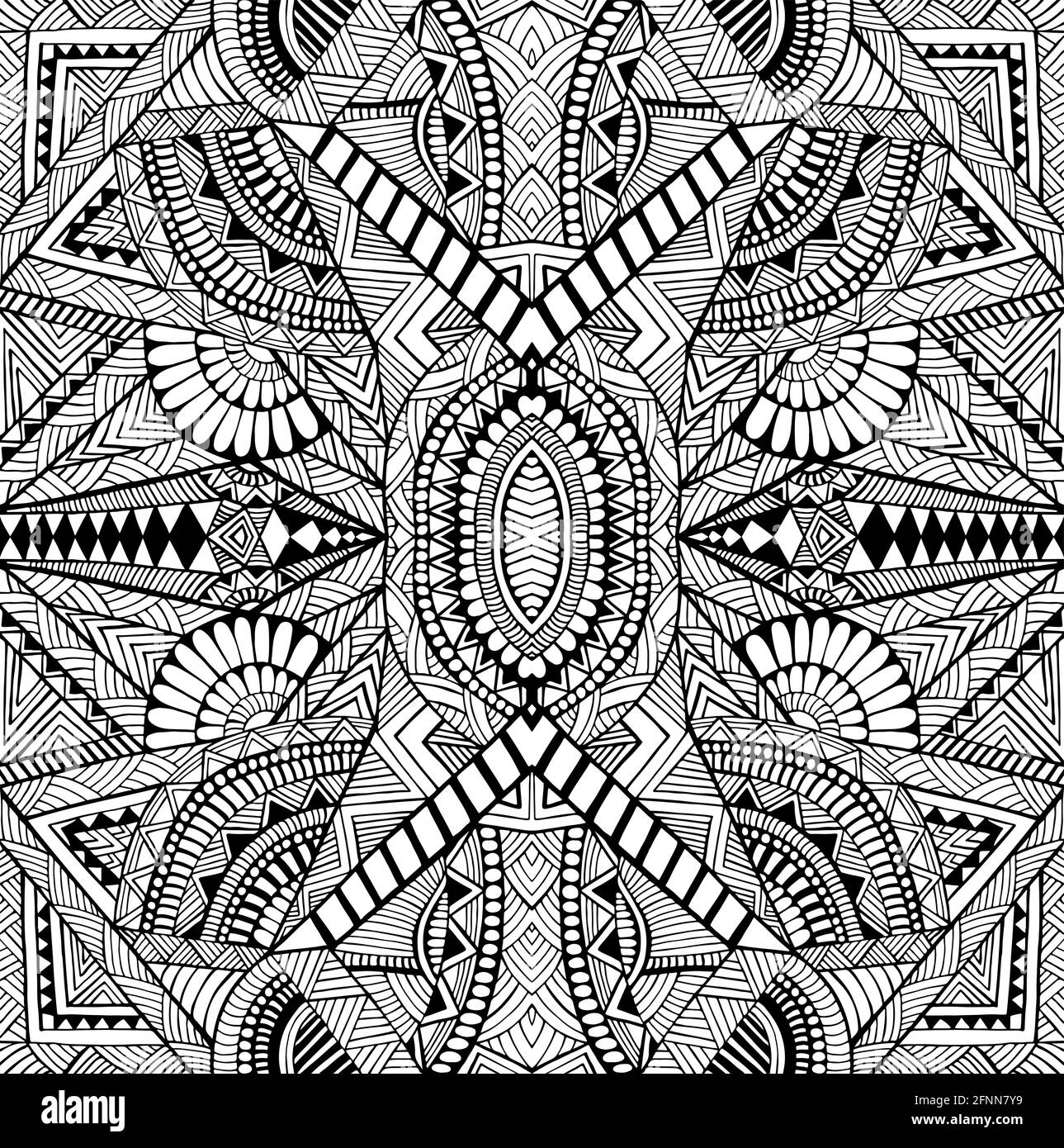 Géométrique abstrait psychédélique noir et blanc décoratif motif complexe avec beaucoup de détails et de lignes coloriage page. Illustration de Vecteur