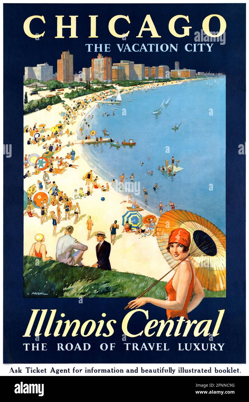 Chicago. La ville américaine. Illinois Central par Paul Proehl (1887-1965). Affiche ancienne restaurée publiée en 1929 aux États-Unis. Banque D'Images