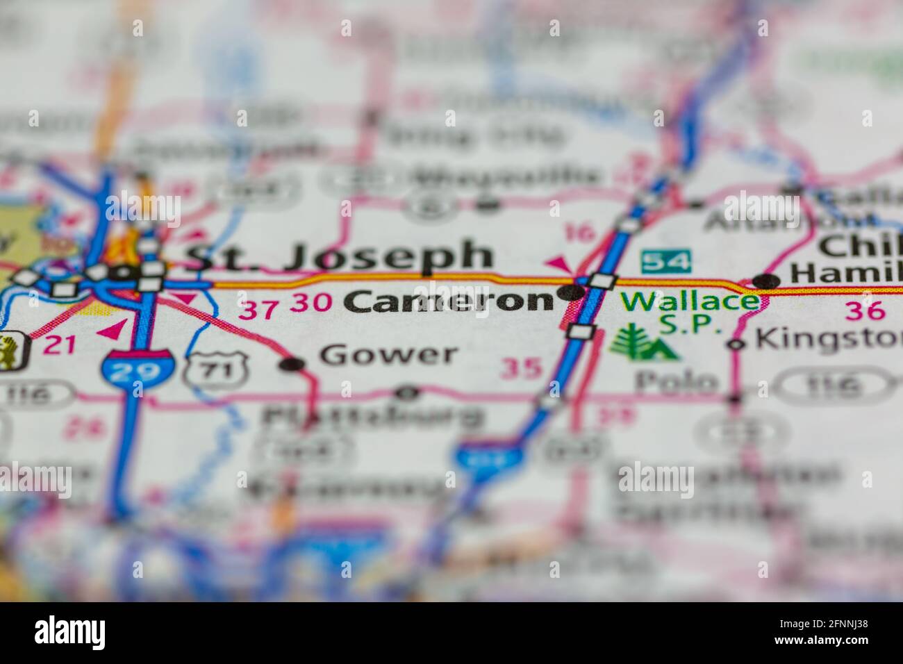 Cameron Missouri USA montré sur une carte de la géographie ou la route