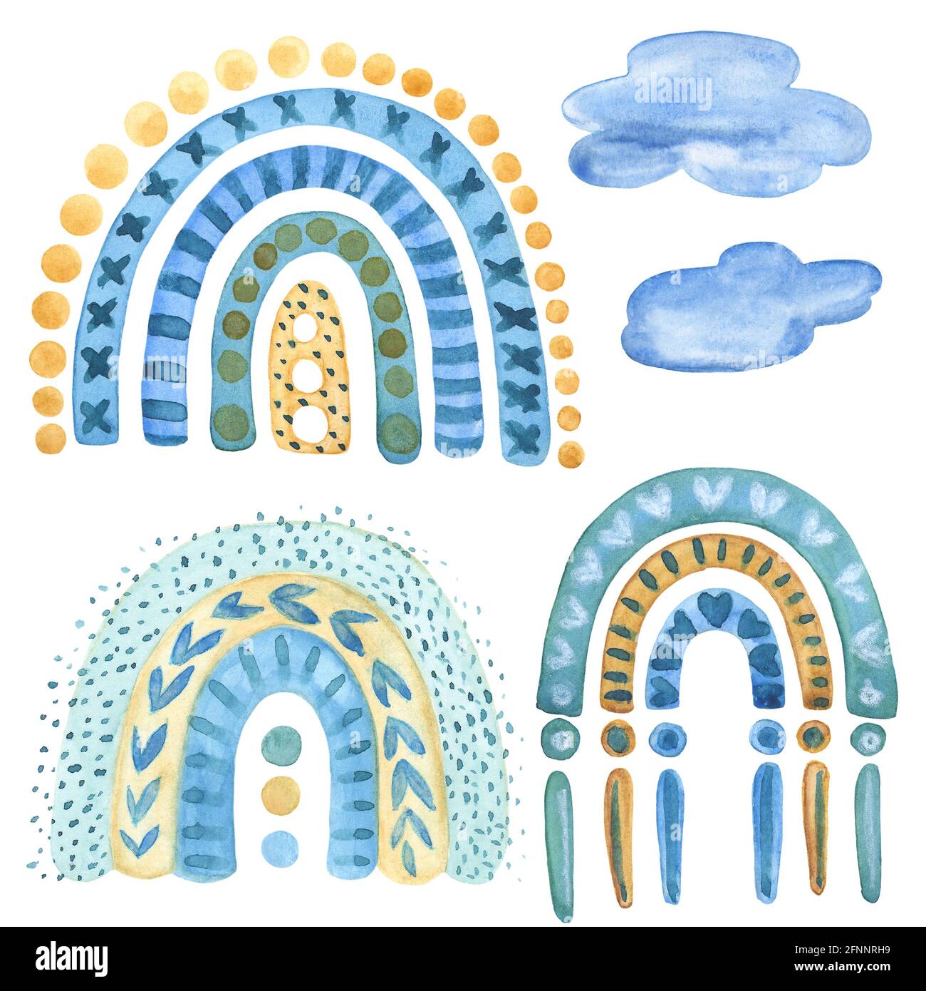 Arc-en-ciel bleu et jaune aquarelle Clipart. Décoration d'art de style boho dessinée à la main. Motif douche pour bébé garçon. Définir les illustrations isolées sur blanc Banque D'Images