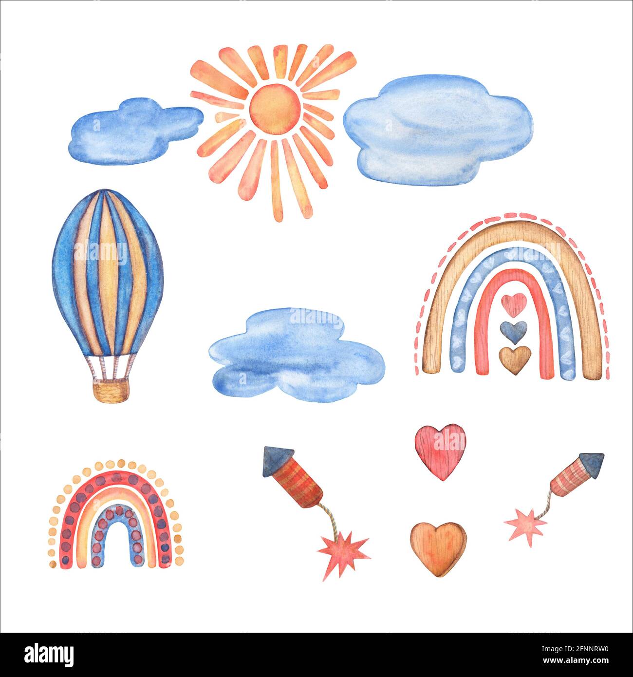 Envolez-vous dans le ciel Watercolor Clipart. Jouets en bois pour enfants. Ballon d'air chaud, arc-en-ciel, clode, soleil, coeur, feux d'artifice. Décoration d'art dessinée à la main pour bébé. Bébé garçon Banque D'Images