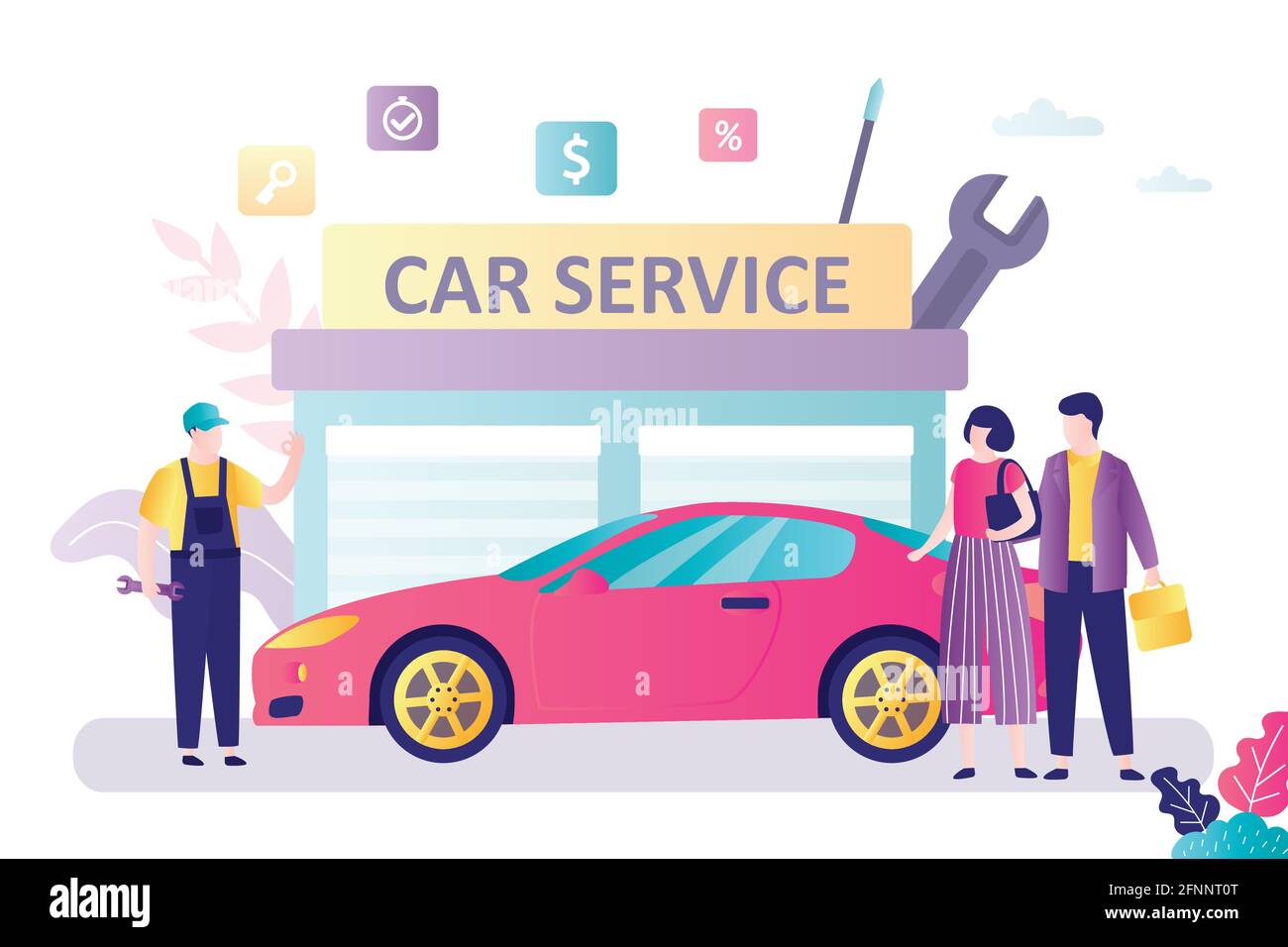 Un couple familial a fait son possible pour un service de voiture. Problèmes avec le véhicule. Réparateur avec outils. Construction de services automatiques en arrière-plan. Homme de travail en uniforme, réparer un Illustration de Vecteur