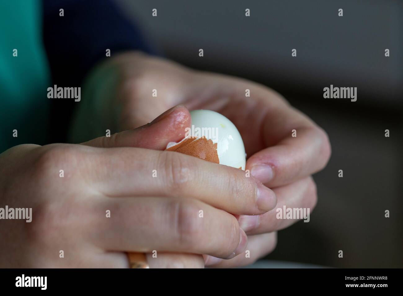 Un portrait des mains d'une personne qui épluche la coquille d'un œuf dur à  moitié pelé, le rendant prêt à manger pour le petit déjeuner, le déjeuner  ou peut-être dîner Photo Stock 