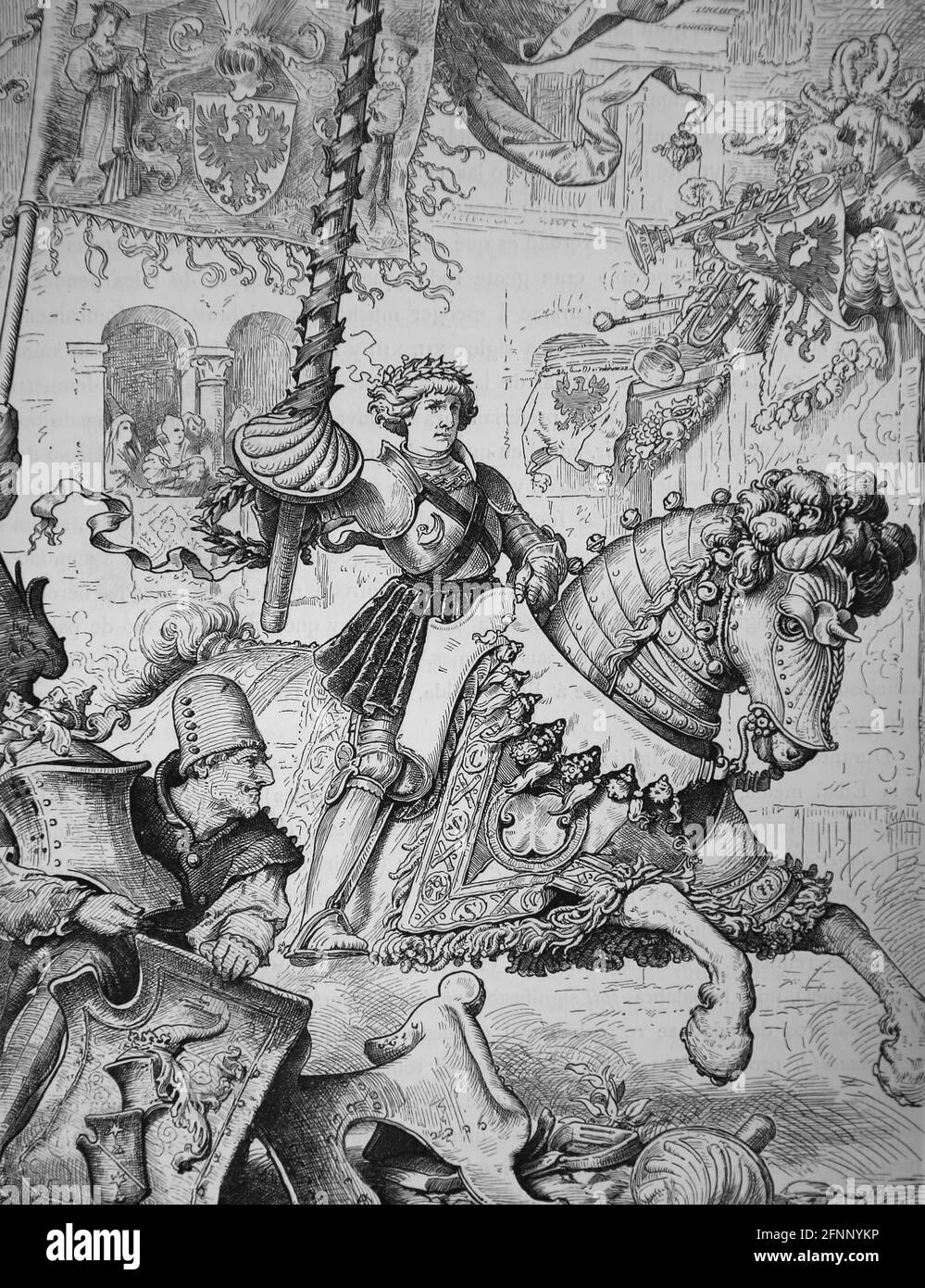 Âge moyen. Vainqueur d'un tournoi. Gravure de Germania, 1882. Banque D'Images