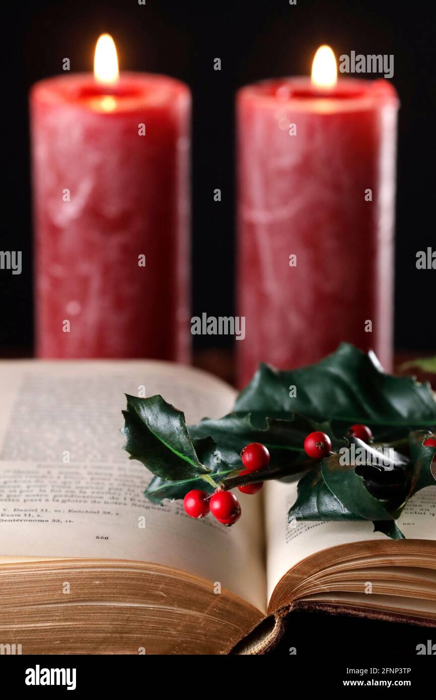 Bible ouverte, bougies de l'Avent rouge et branche houleuse. Composition de Noël. France. Banque D'Images