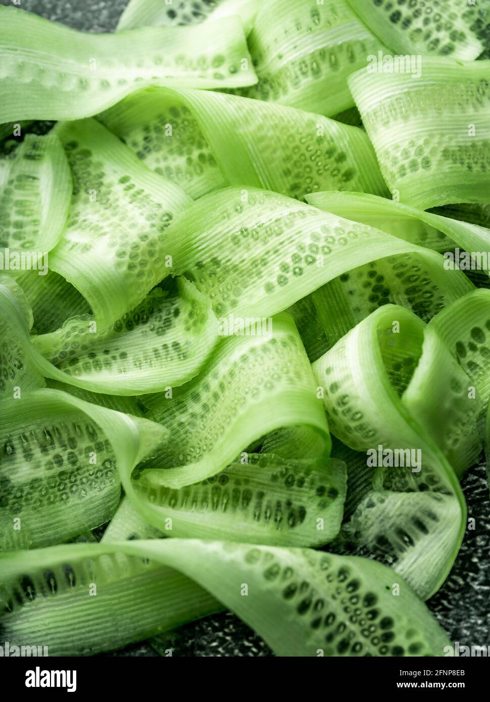 arrière-plan alimentaire. tranches fines de concombre vert frais. sur fond sombre, couleur vert riche. vue de dessus, macro Banque D'Images