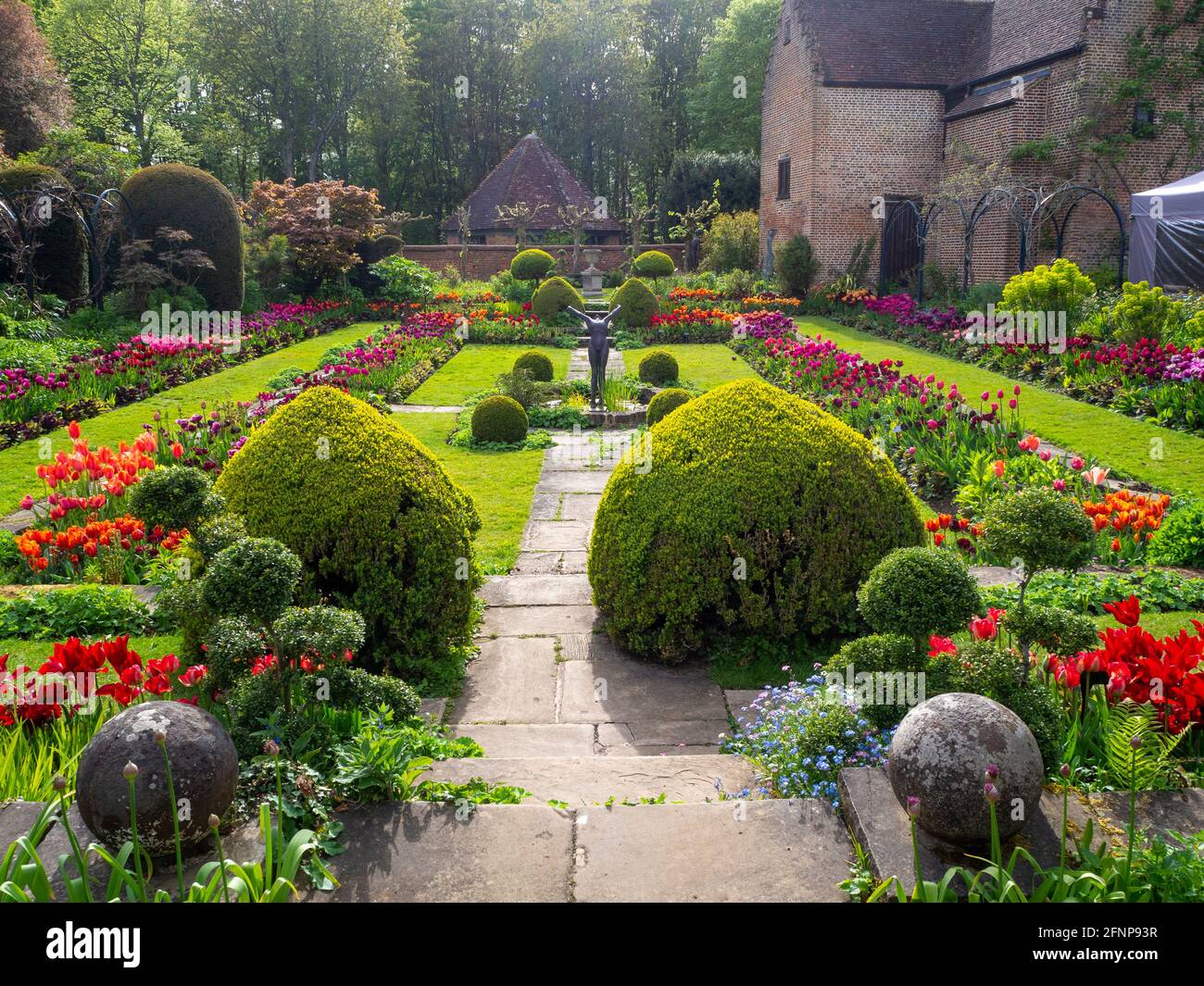 Chenies Manor jardin en contrebas dans la lumière de la fin de l'après-midi, orienté vers l'ouest. L'ancien pavillon restauré est un décor de tulipes colorées d'orange, de rouge et de pourpre. Banque D'Images