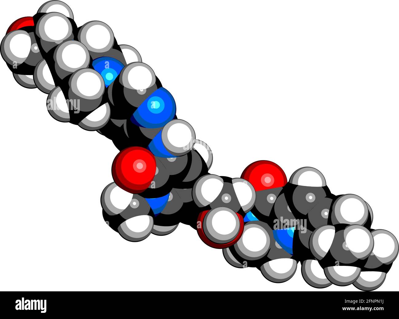 Molécule de médicament de Fenebrutinib. Rendu 3D. Les atomes sont représentés sous forme de sphères avec un codage couleur conventionnel : hydrogène (blanc), carbone (noir), azote Illustration de Vecteur