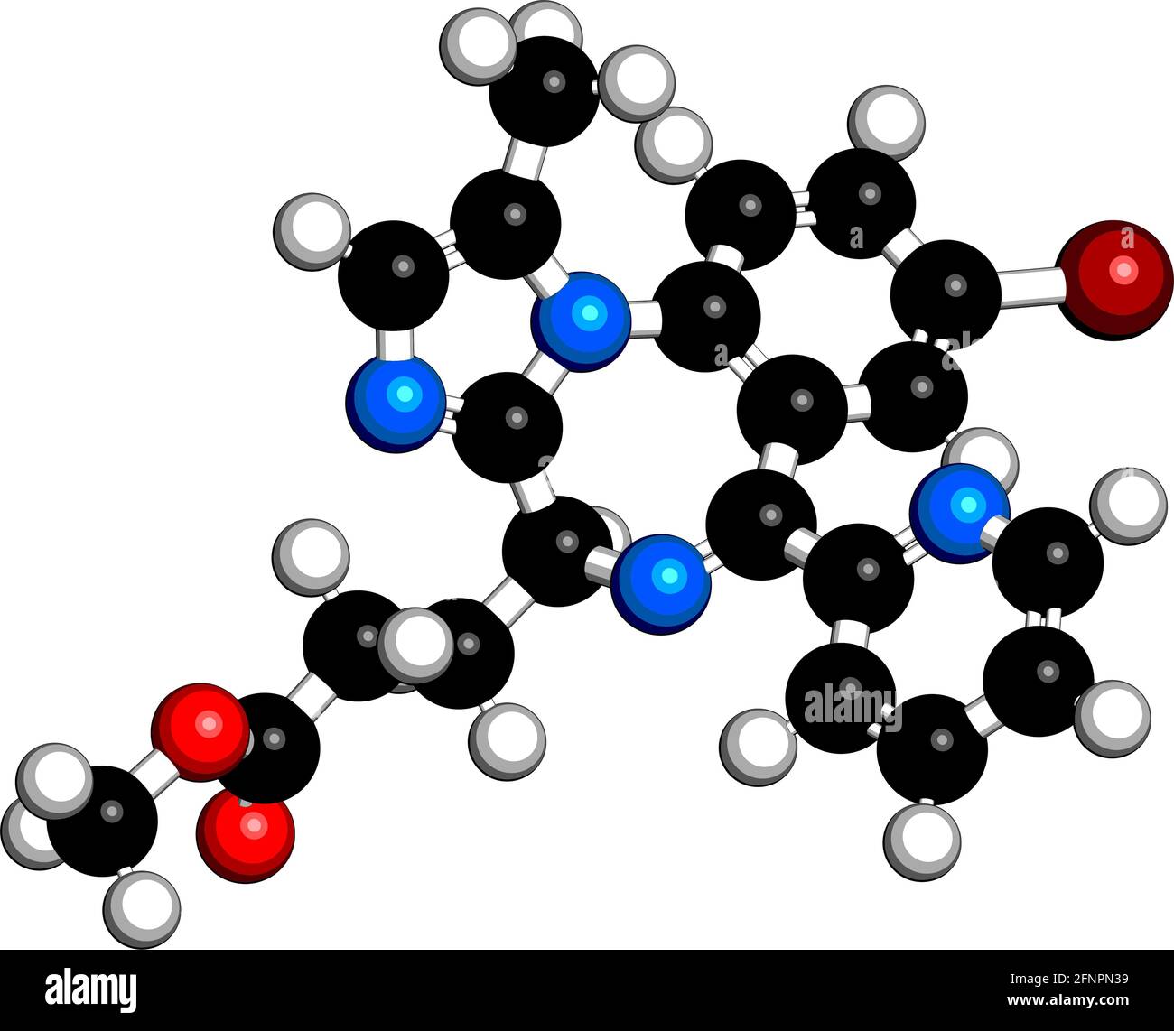 Molécule de Remimazolam. Rendu 3D. Les atomes sont représentés sous forme de sphères avec un codage couleur conventionnel : hydrogène (blanc), carbone (noir), azote ( Illustration de Vecteur