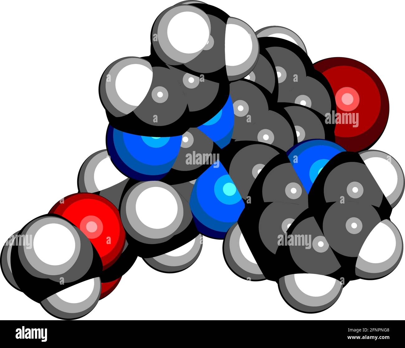 Molécule de Remimazolam. Rendu 3D. Les atomes sont représentés sous forme de sphères avec un codage couleur conventionnel : hydrogène (blanc), carbone (noir), azote ( Illustration de Vecteur