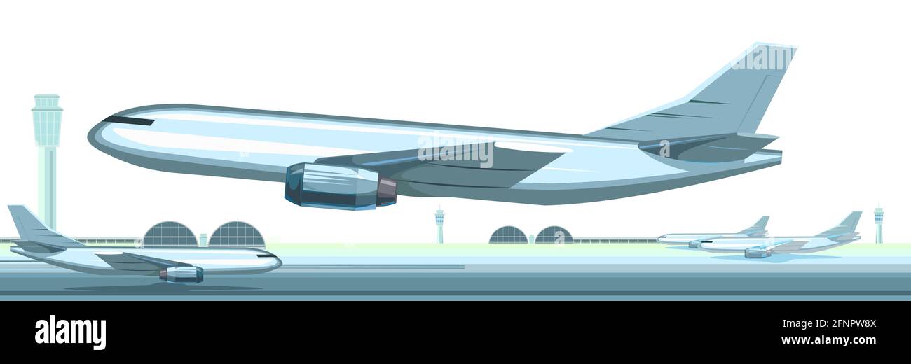 L'avion prend son envol. Avions de passagers et de fret à l'aéroport. Paysage d'été. Vue extérieure. Piste. Tours et hangars. Isolé sur blanc Illustration de Vecteur
