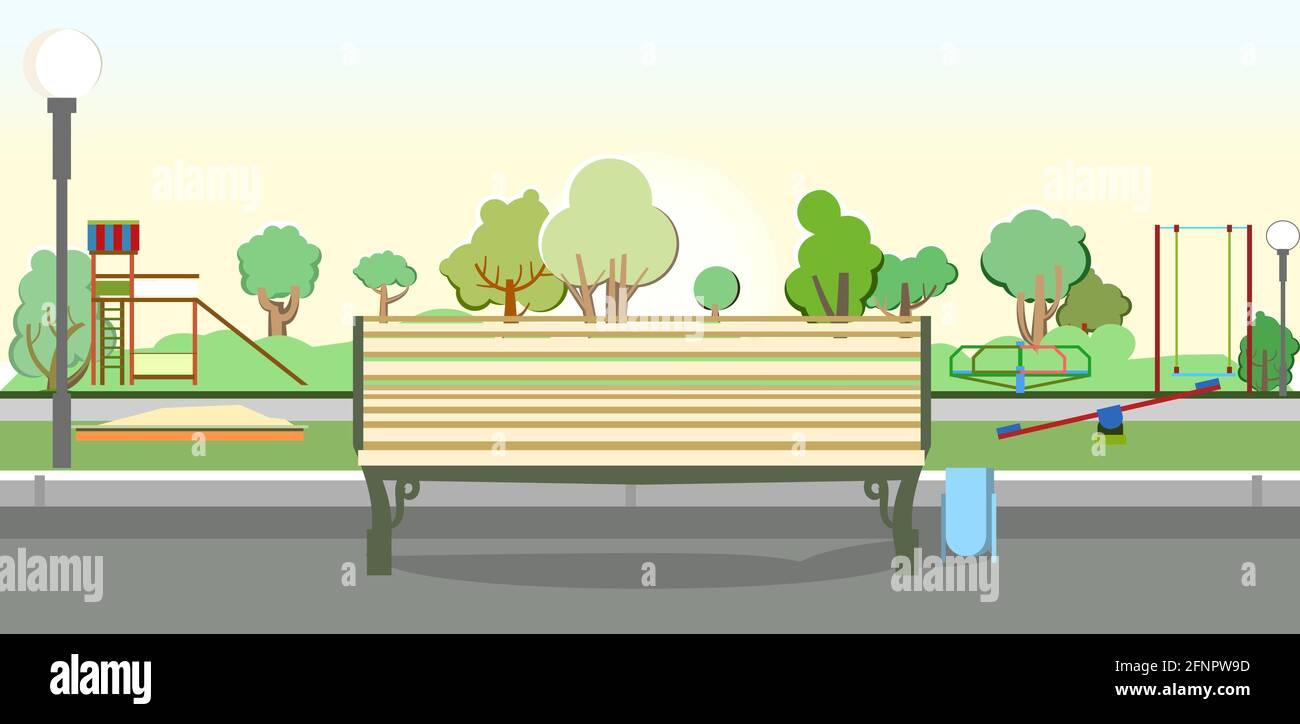 Banc sur le fond d'un terrain de jeu dans le parc. Balançoires, toboggans et carrousels. Illustration de style dessin animé plat. Un lieu de jeu pour les enfants Illustration de Vecteur