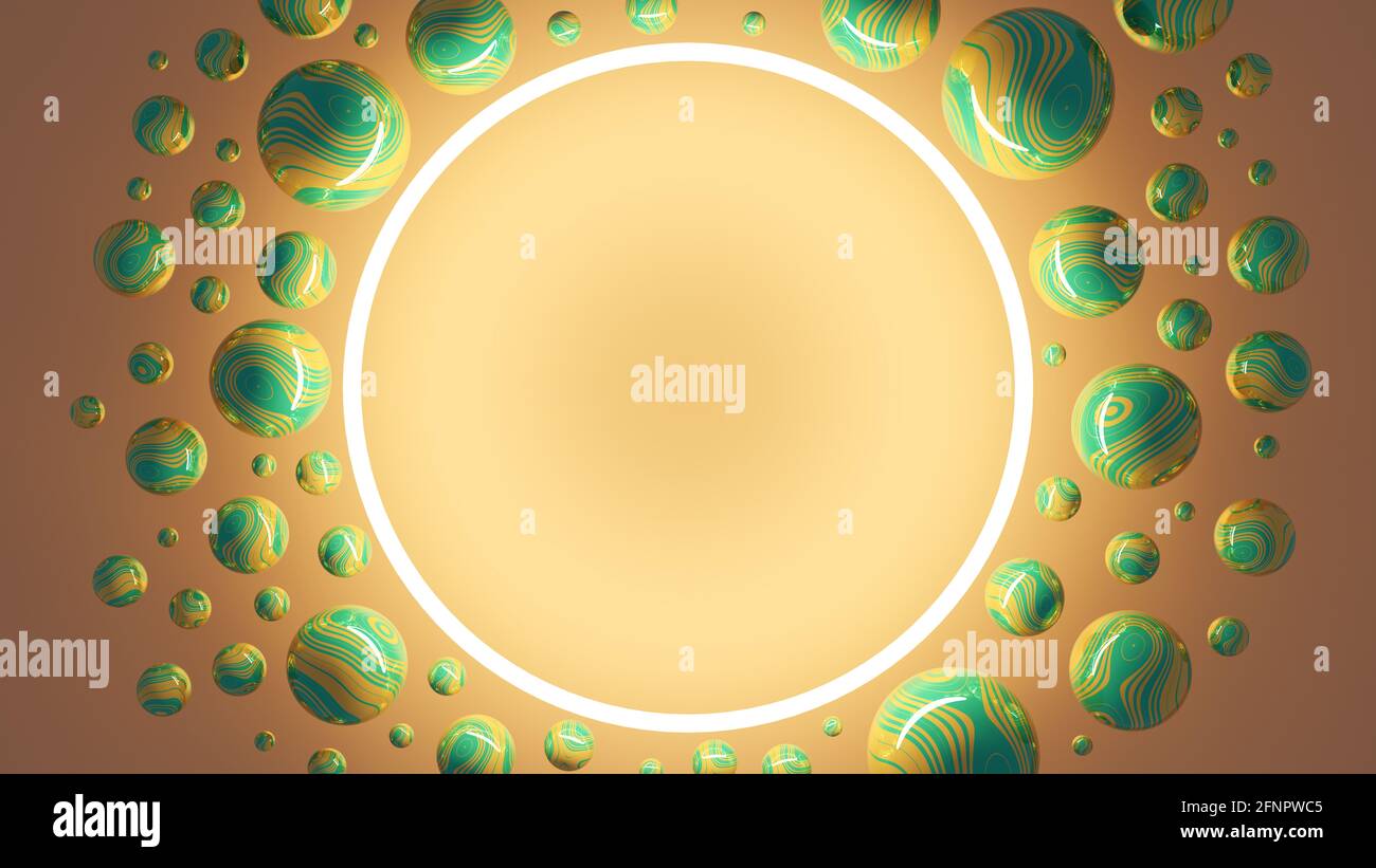 Illustration 3D d'un cadre rond entouré de sphères Banque D'Images
