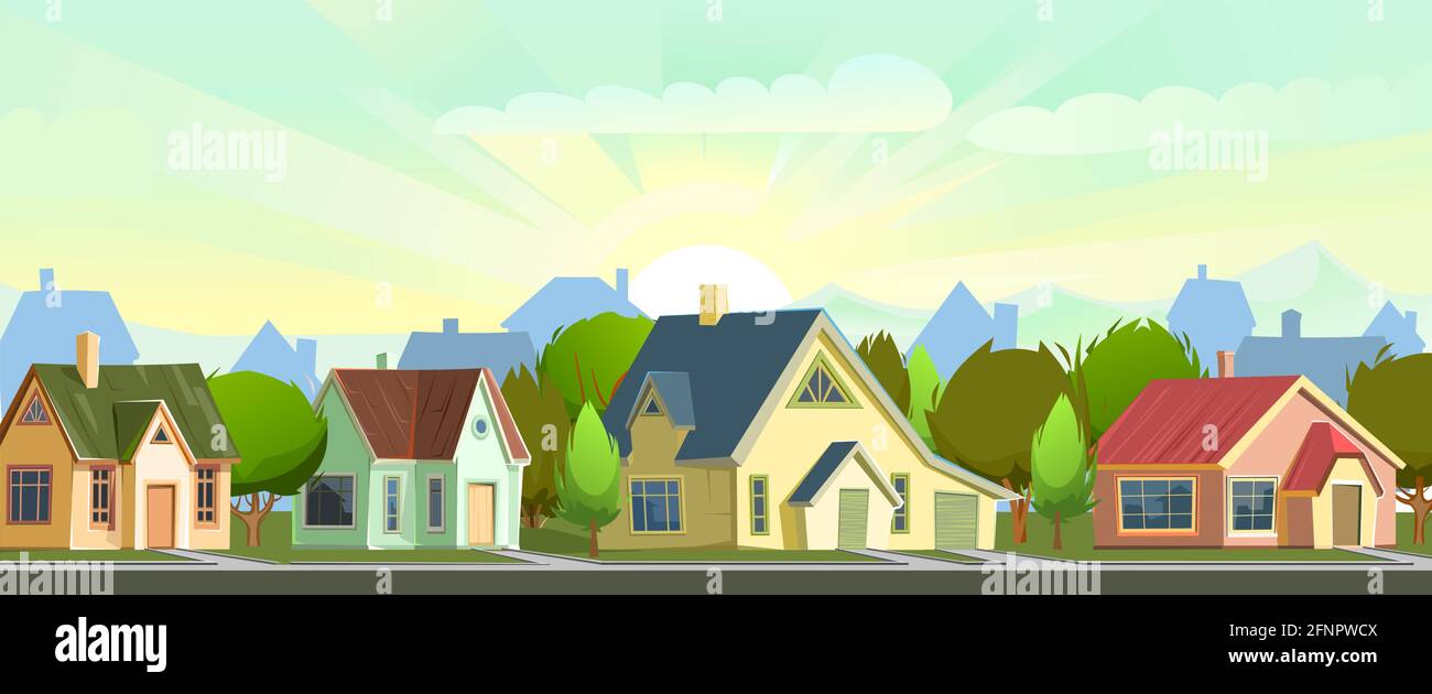 Rue avec maisons dans une petite ville rurale. Les lumières d'un soleil. Dessin animé style plat et gai. Route. Village. Petits cottages suburbains confortables avec arbres Illustration de Vecteur
