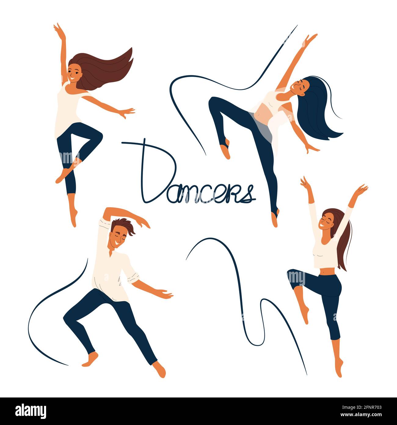 Danseuses, danseuses, jeunes filles et garçons engagés dans la danse moderne, ensemble de vecteurs de personnages de dessins animés, isolats de personnes plates Illustration de Vecteur