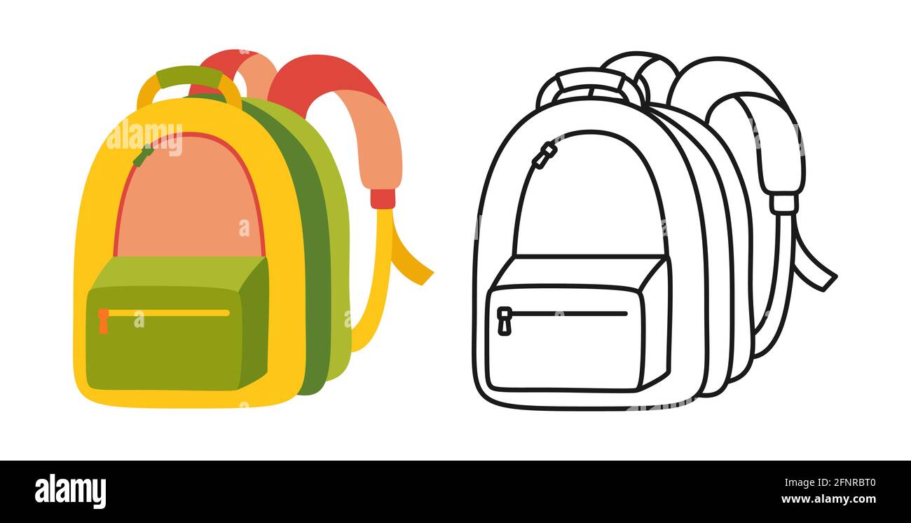 Sac à dos pour enfant plat dessin animé ligne icône. Sacs pour enfants pour l'école fournitures pour l'étude des étudiants. Retour à l'école signe de dessin animé dessiné à la main. Kit d'icônes de concept d'espace de travail ou d'éducation. Illustration vectorielle Illustration de Vecteur
