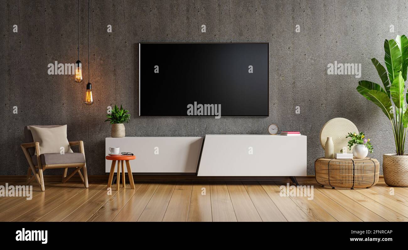 Armoire Mockup un mur de télévision monté dans une salle de ciment avec un mur en bois.rendu 3d Banque D'Images