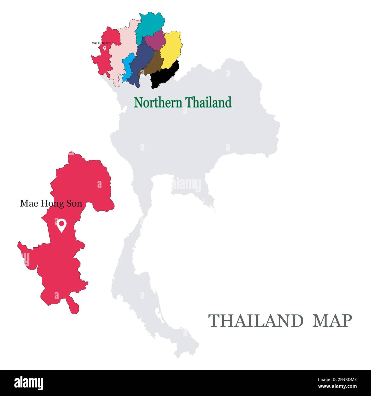 Cartes du nord de la Thaïlande avec 9 province dans différentes couleurs, Chiang mai, Chiang rai, Phrae, Phayao, Lampang, Lamphun, Uttaradit, Nan et PIN sur Maeh Illustration de Vecteur