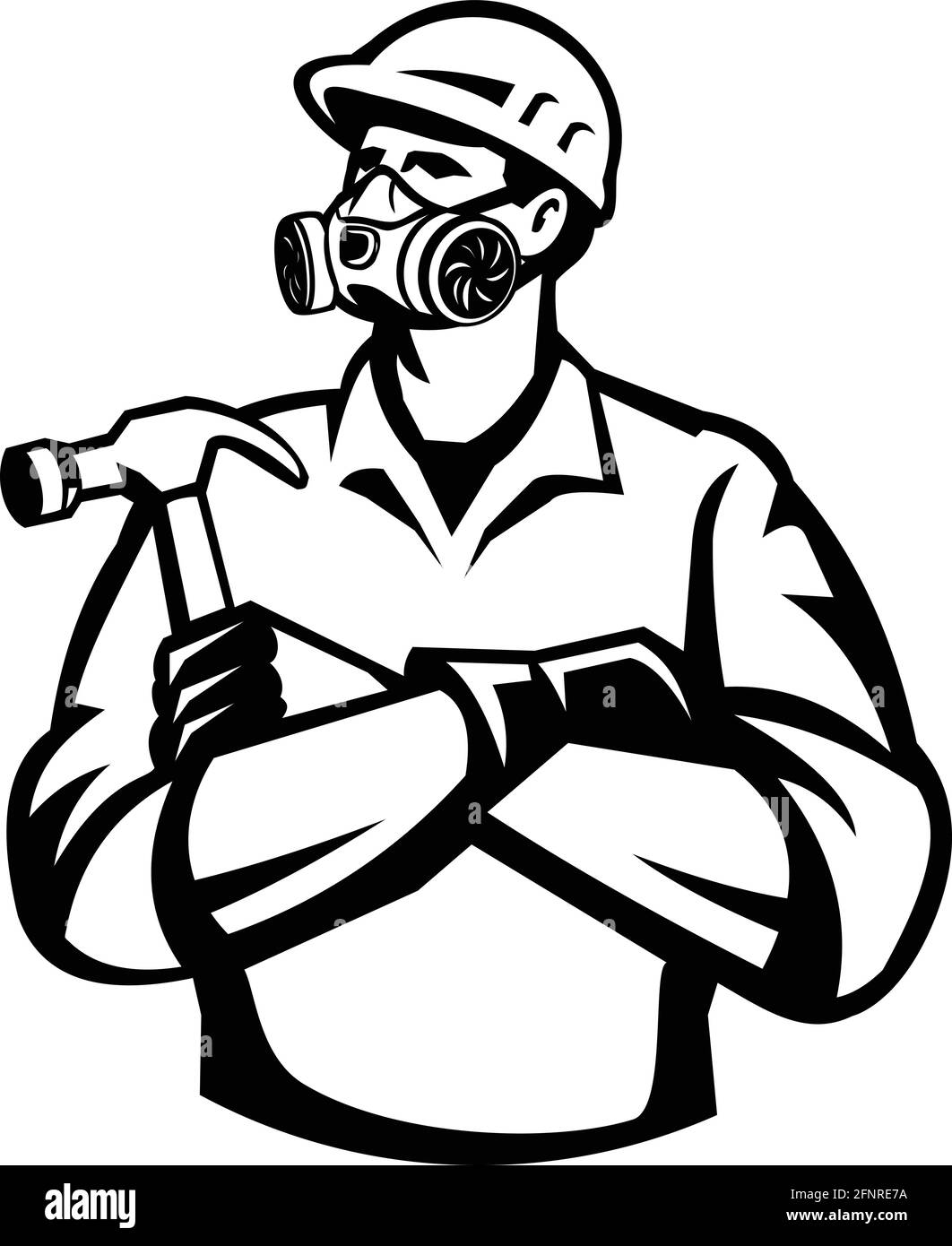 Illustration d'un constructeur de menuisier portant un masque respiratoire avec cartouches de vapeur de gaz avec bras croisés marteau de maintien vu de l'avant sur iso Illustration de Vecteur