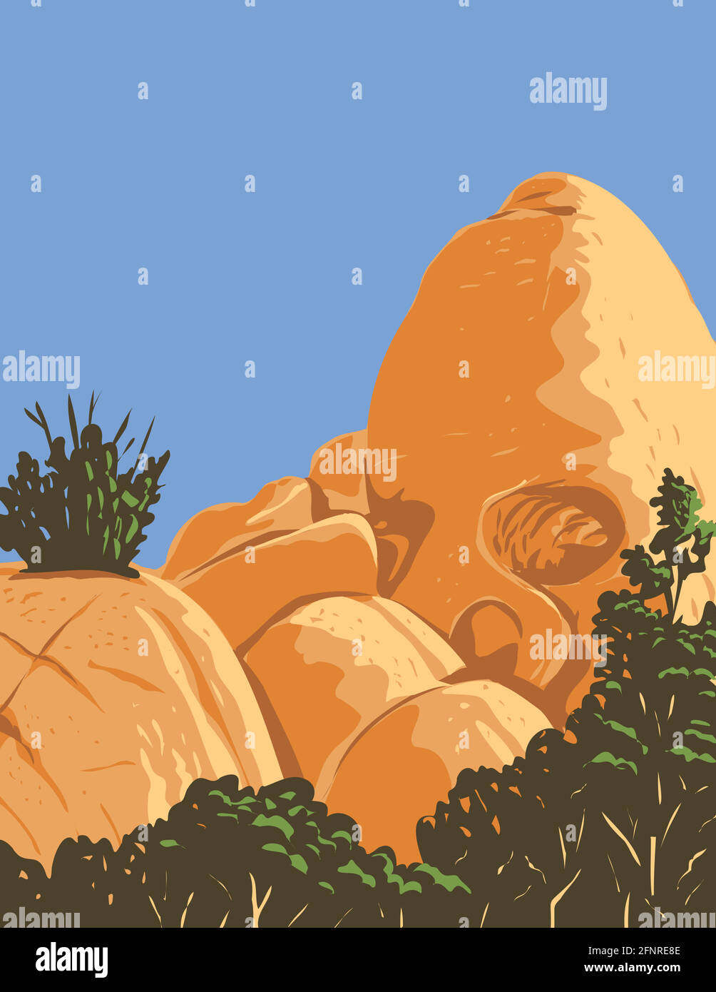 WPA Poster Art de la formation de roche de granit de désert en forme de crâne créé Par l'érosion connue sous le nom de Skull Rock situé dans Joshua Tree Parc national de Californie Illustration de Vecteur