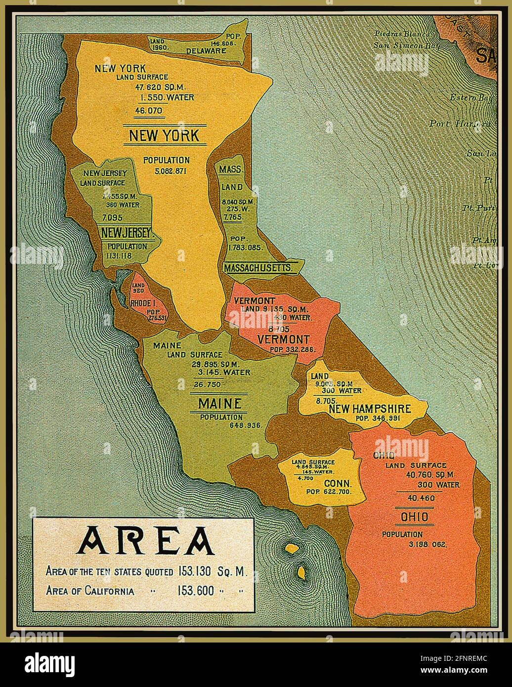 Carte de la zone de comparaison de l'État de Californie. Il s'agit d'une reproduction améliorée et restaurée d'une ancienne carte de Californie publiée en 1890 et parrainée par une compagnie de chemin de fer. Plus précisément, il s'agit d'un petit encart de la carte originale qui met en évidence la grande zone occupée par l'État de Californie. Pour illustrer la bignité de l'état, cette carte, comme un puzzle, englobe l'équivalent de la superficie de plusieurs autres États combinés. Banque D'Images