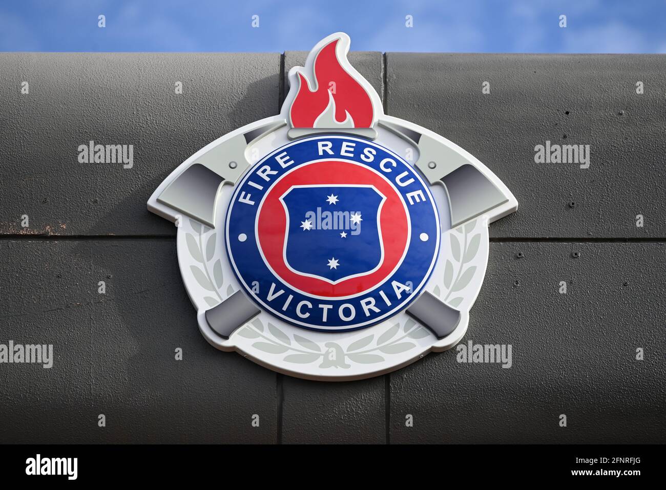 Un gros plan du nouvel emblème de sauvetage des incendies de Victoria, qui remplace l'ancien logo de la Metropolitan Fire Brigade Banque D'Images