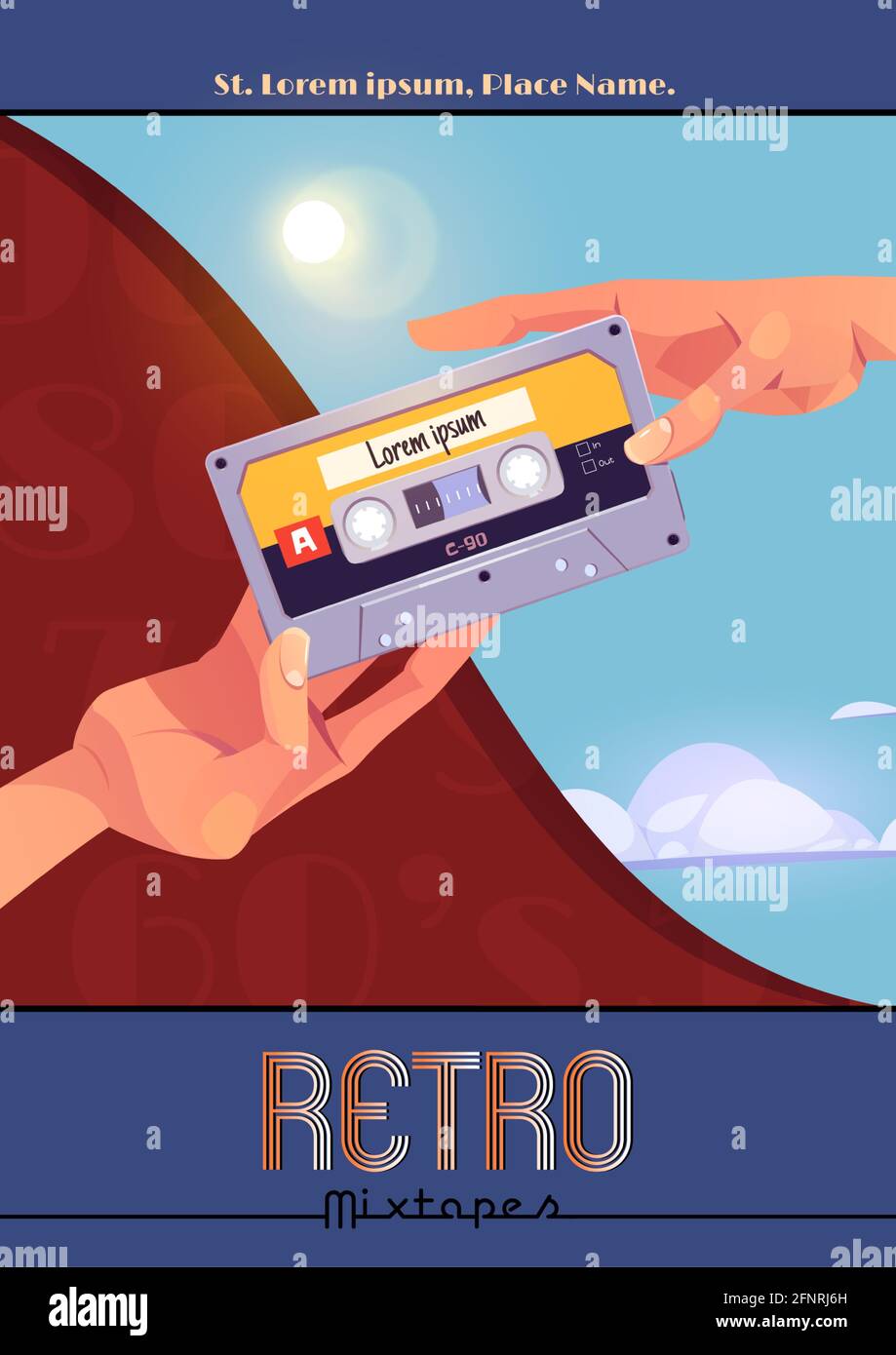 Affiche de mixage rétro avec mains tenant une cassette audio vintage. Mélange de musique pop et de danse des années 80. Bannière vectorielle avec illustration de dessin animé d'échange ou présenter d'anciennes bandes audio Illustration de Vecteur