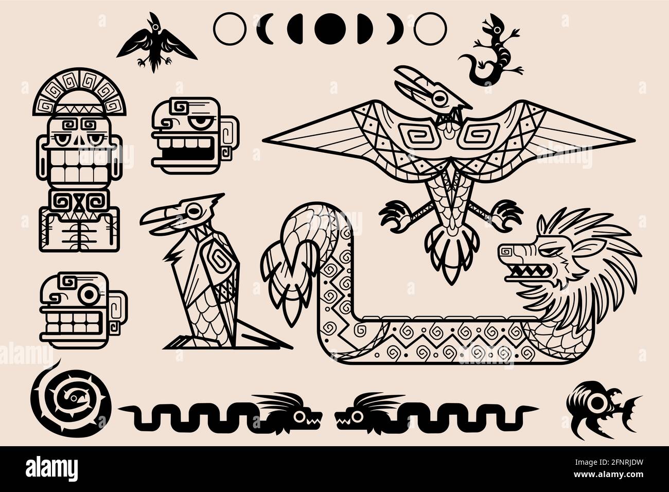 Ensemble de motifs mayas ou aztèques, éléments décoratifs tribaux de la culture méso-américaine mexicaine, collection d'ornements ethniques isolés. La civilisation antique tatouage de dragon, phases de lune et idole avec serpent Illustration de Vecteur