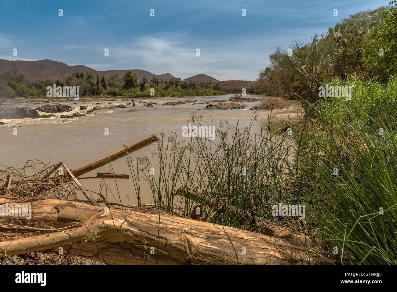Vue sur le paysage de la rivière Kunene, la rivière frontalière entre la Namibie et l'Angola Banque D'Images