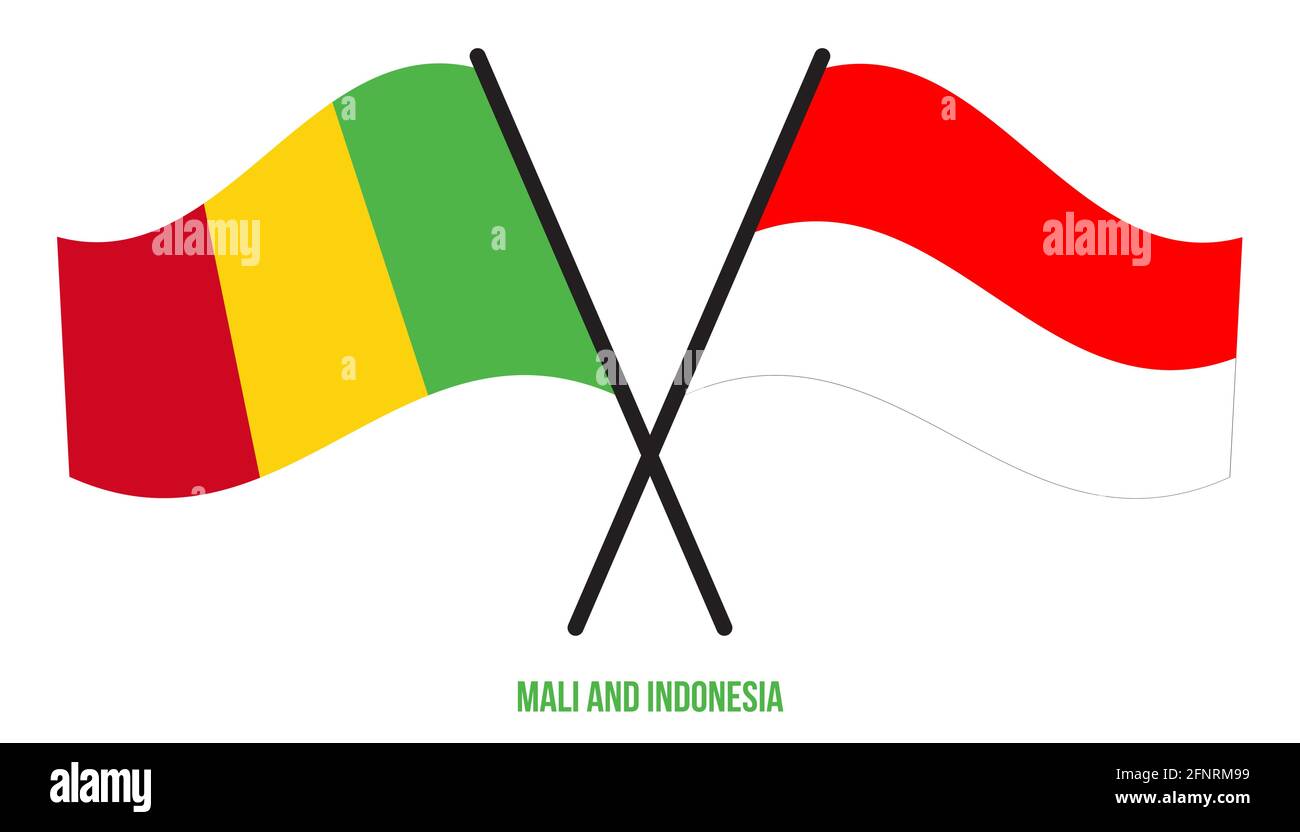 Mali et Indonésie drapeaux croisés et ondulant le style plat. Proportion officielle. Corriger les couleurs. Illustration de Vecteur