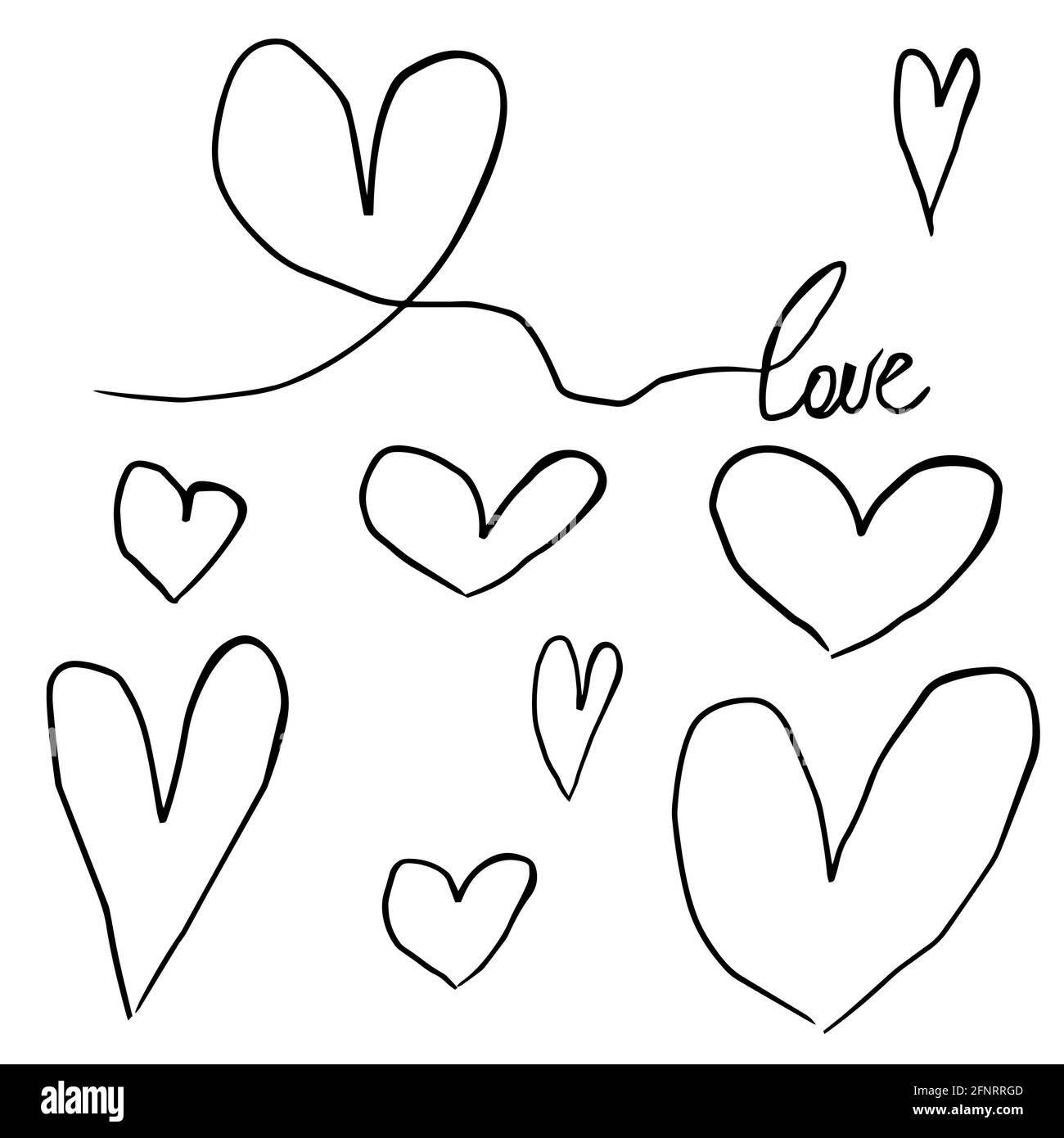 coeurs isolés vecteur esquisses dessin main contour noir Banque D'Images
