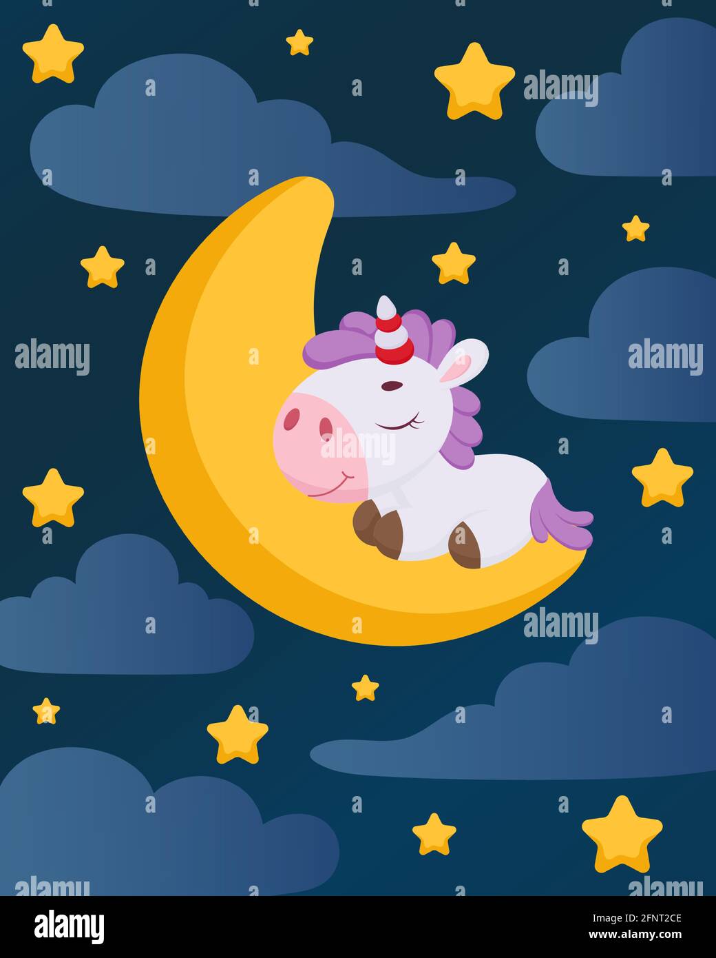 Une Jolie Licorne Magique Qui Dormait Sur La Lune Dans Le Ciel Nocturne Personnage De Dessin Anime Pour La Decoration De Chambre D Enfants Art De Pepiniere Fete D Anniversaire Douche De Bebe Couleur