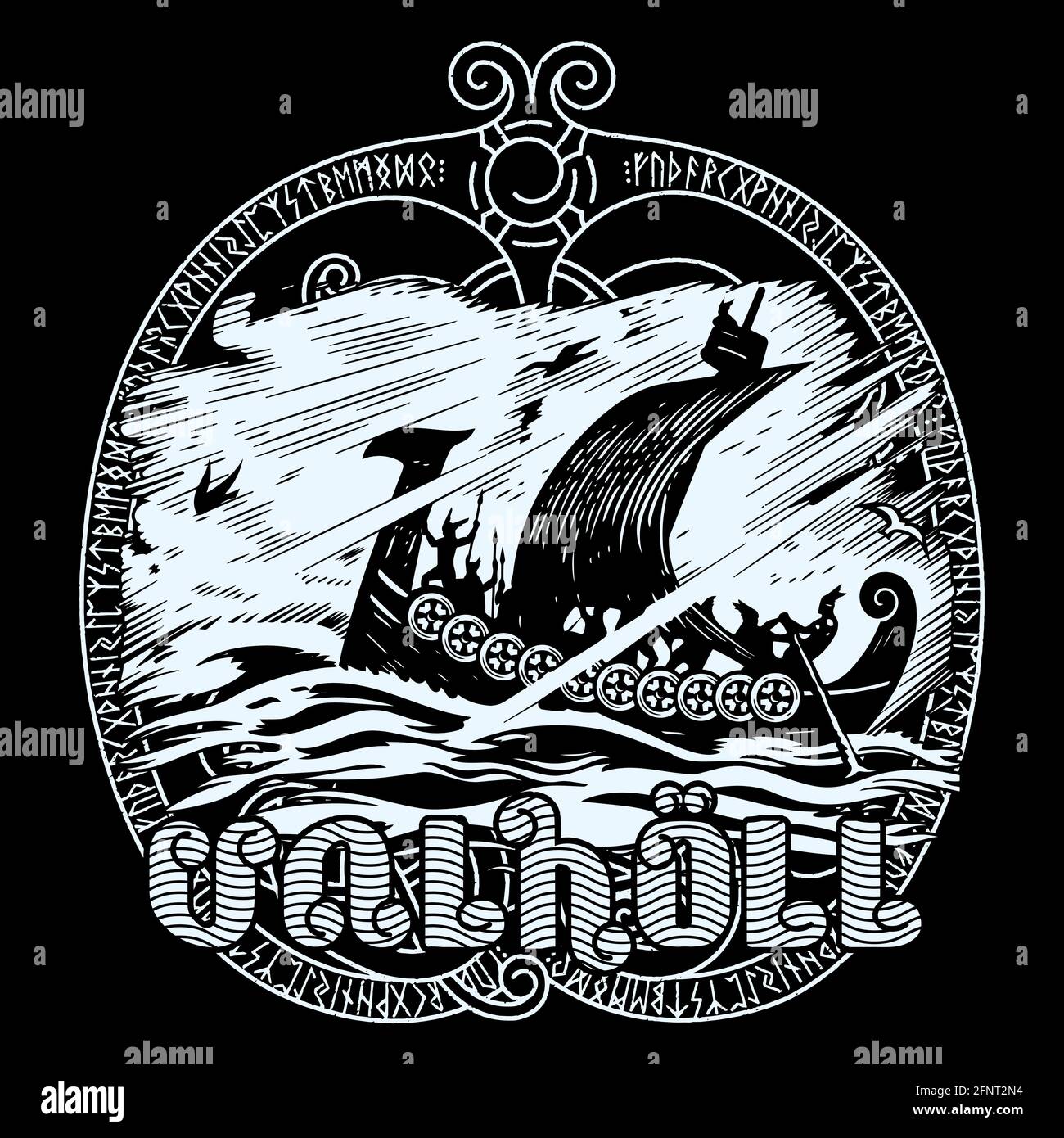 Design viking. Ancien navire viking scandinave décoré d'une tête de dragon et de l'inscription Valhalla, isolé sur une illustration vectorielle noire Illustration de Vecteur