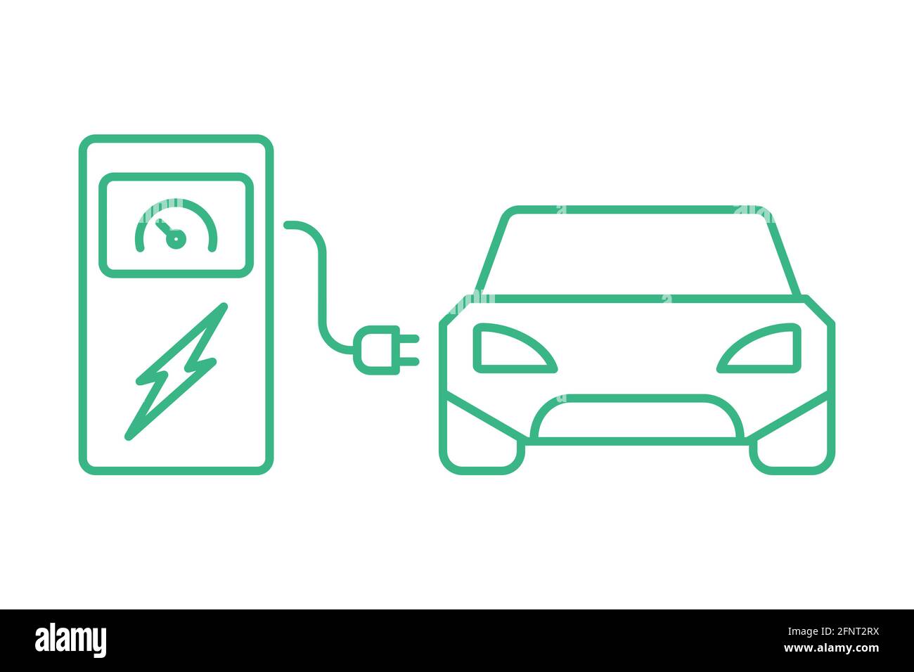 Recharge de voiture électrique verte au niveau de la station de charge. Automobile à batterie. Énergies alternatives propres. Hybride auto avec fiche. Pompe à carburant électrique Illustration de Vecteur