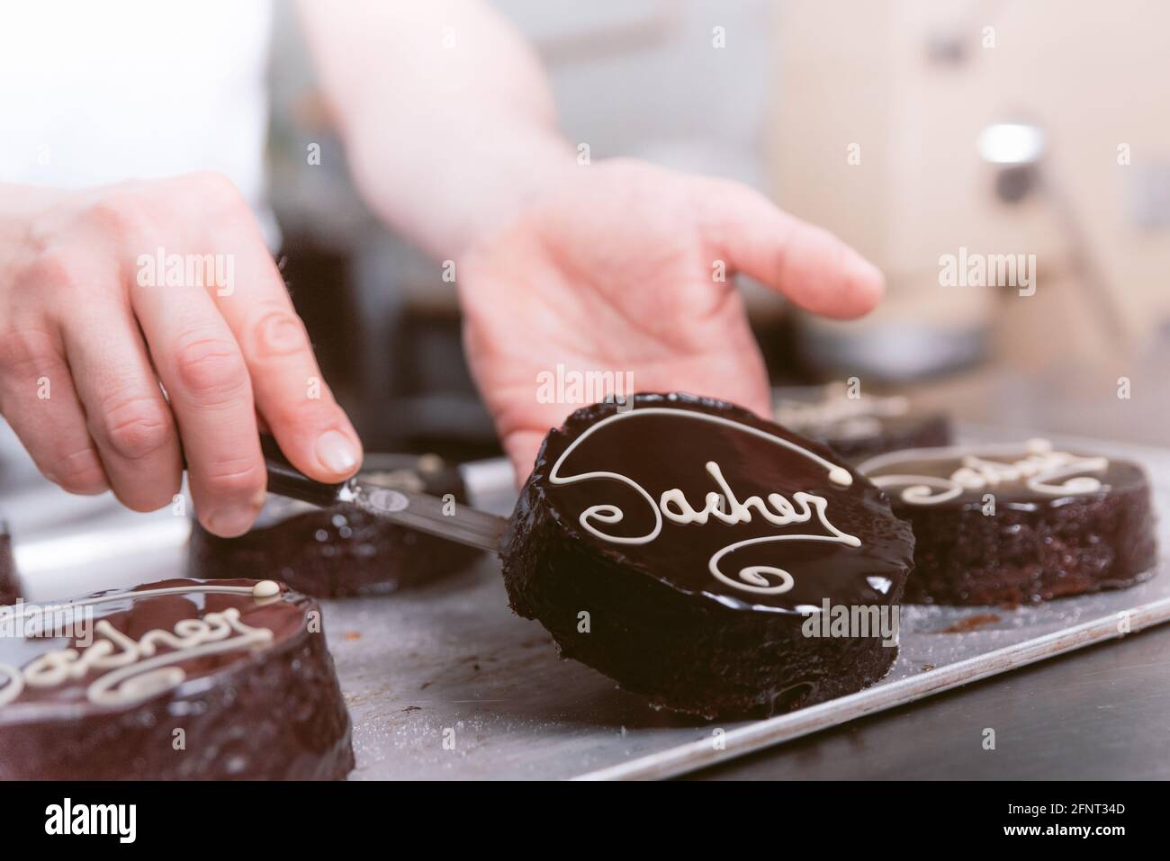 mains tenant le gâteau au chocolat sacher dans la boulangerie. chef pâtissier tenant le gâteau dans le laboratoire pâtissier. concept de la traditionnelle main sachertorte c Banque D'Images