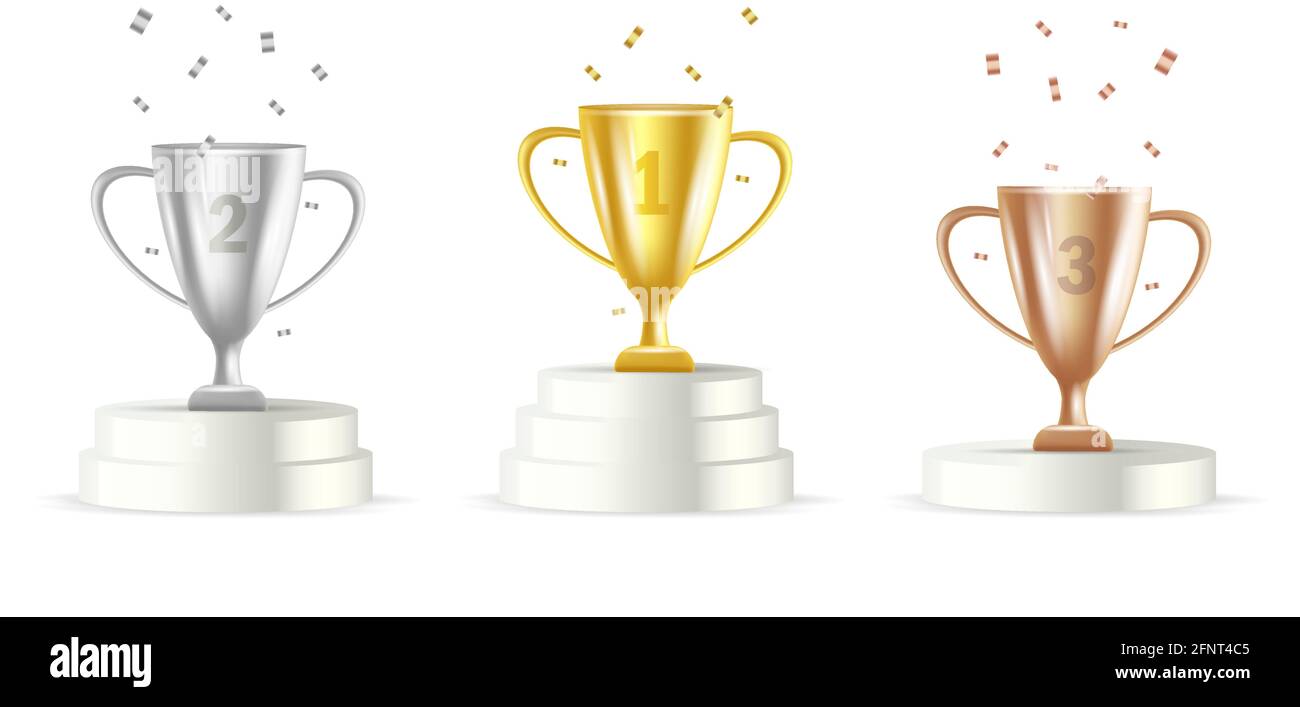 Podium des gagnants avec des coupes d'or, d'argent et de bronze illustration 3d avec confetti, première deuxième et troisième place de la décoration, isolé Illustration de Vecteur