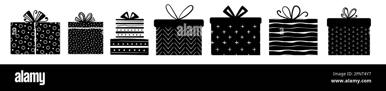 Cadeaux ensemble fait main pour cartes de voeux, motifs, papier d'emballage. Motifs vectoriels noirs et blancs sur les cadeaux. Illustration vectorielle Illustration de Vecteur