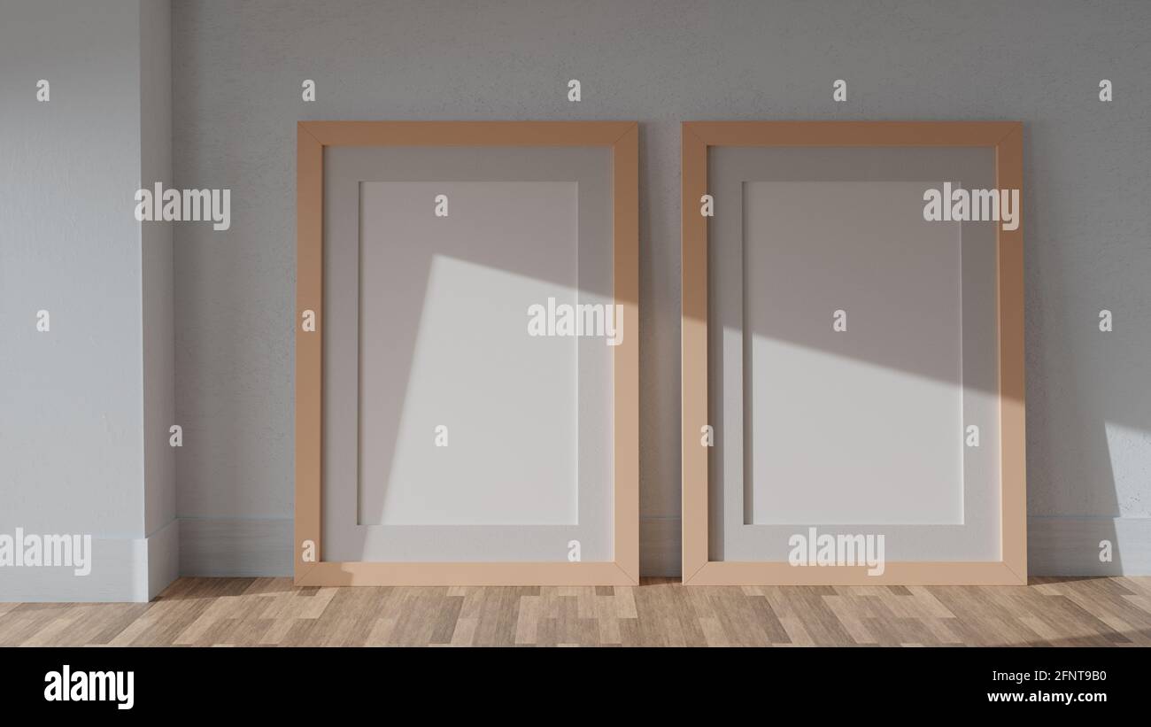 Deux posters sur un mur blanc avec un cadre de couleur naturelle. Image CGI, rendu 3D, illustration 3D Banque D'Images
