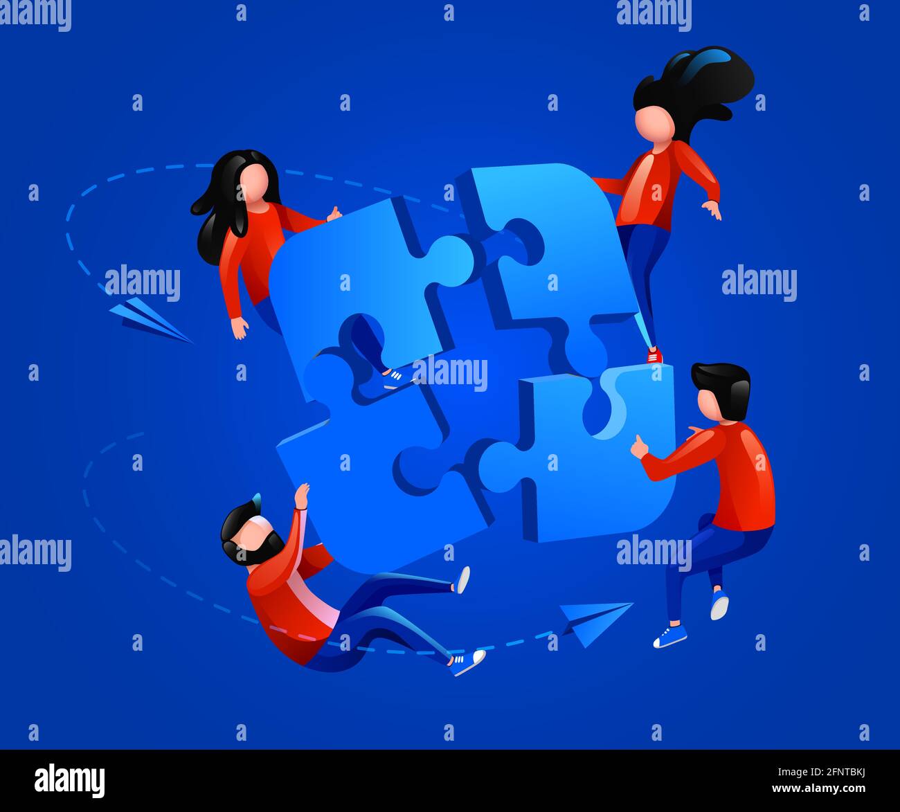 Les gens volent autour du puzzle. Coopération, travail d'équipe et concept de partenariat. Illustration vectorielle Illustration de Vecteur