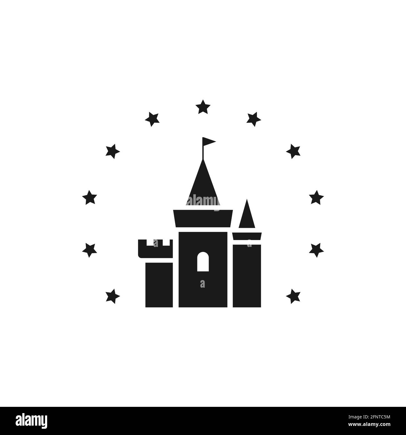 Château noir avec étoiles ou icône feux d'artifice. Tour, forteresse. Conte de fées, magie, logo fantaisie. Vacances. Illustrarion vectoriel isolé sur blanc Illustration de Vecteur