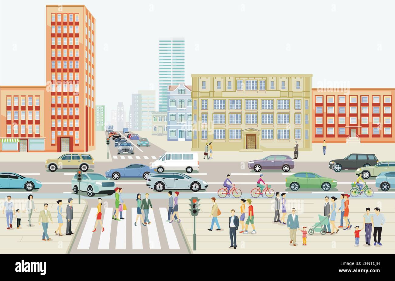 Paysage de la ville avec circulation routière et piétons sur le passage à Zébra, illustration Illustration de Vecteur